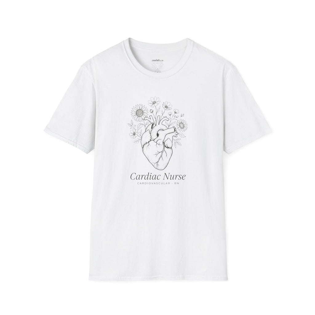White t-shirt with 'Cardiac Nurse' design on a white background with a floral design