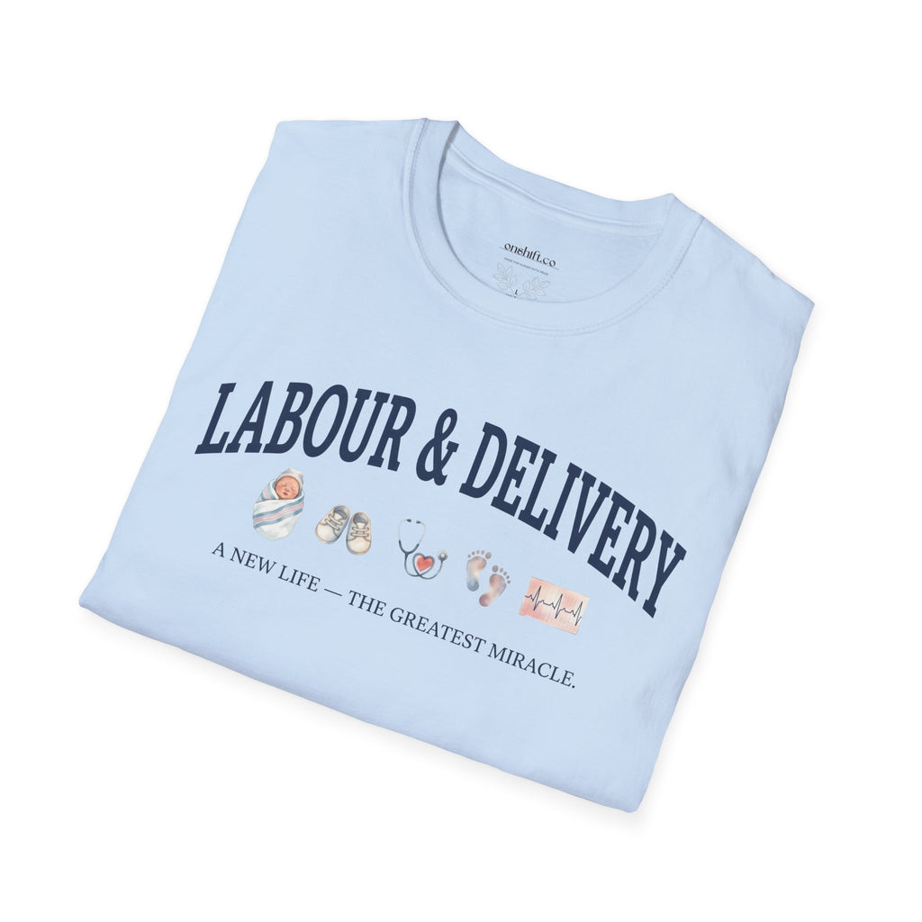 Labor and delivery nurse vintage collegiate-style t-shirt