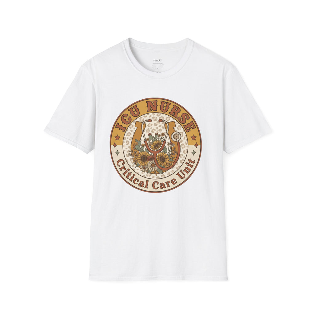 White t-shirt with 'ICU Nurse Critical Care Unit' graphic design on a white background