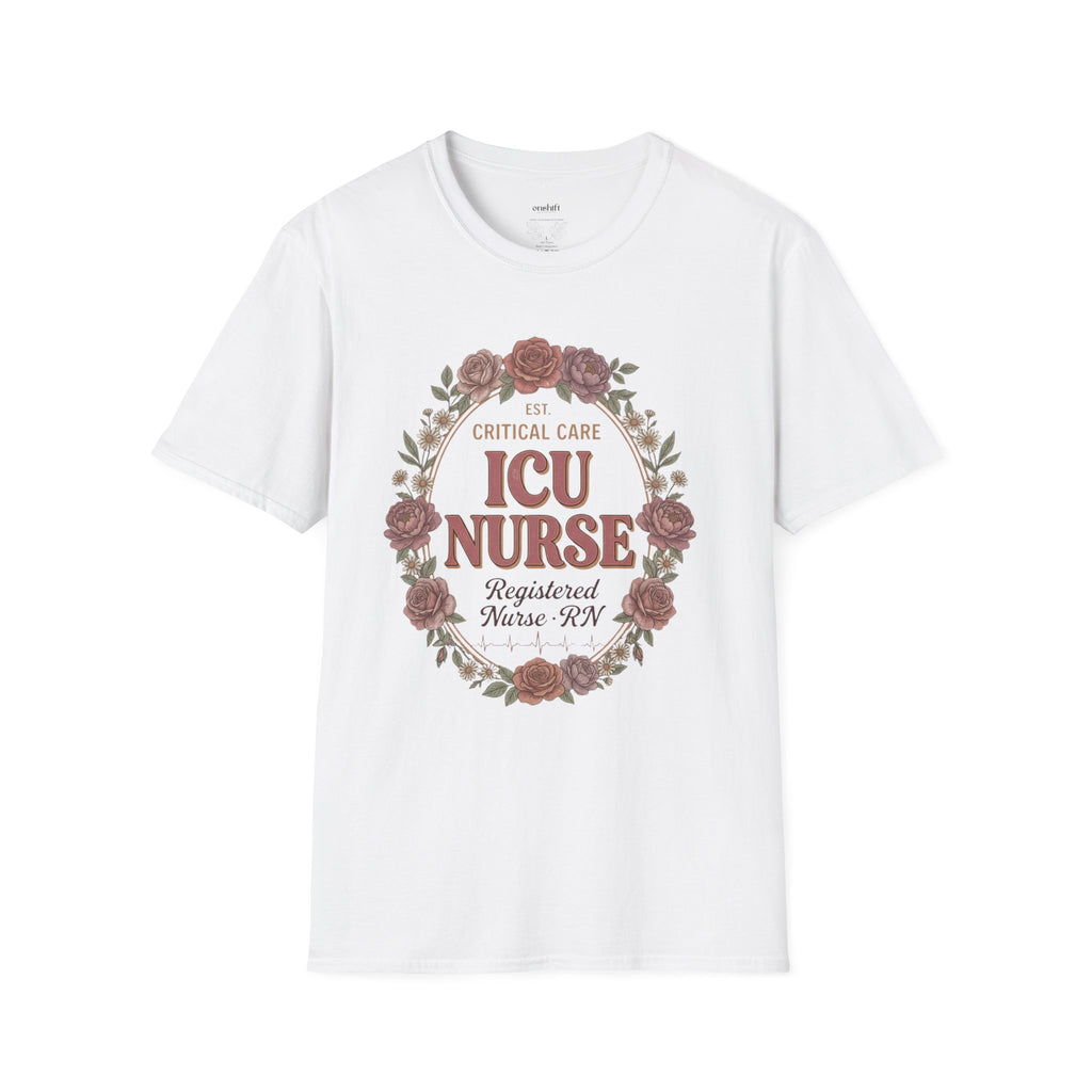 White t-shirt with 'ICU Nurse' design featuring flowers on a white background