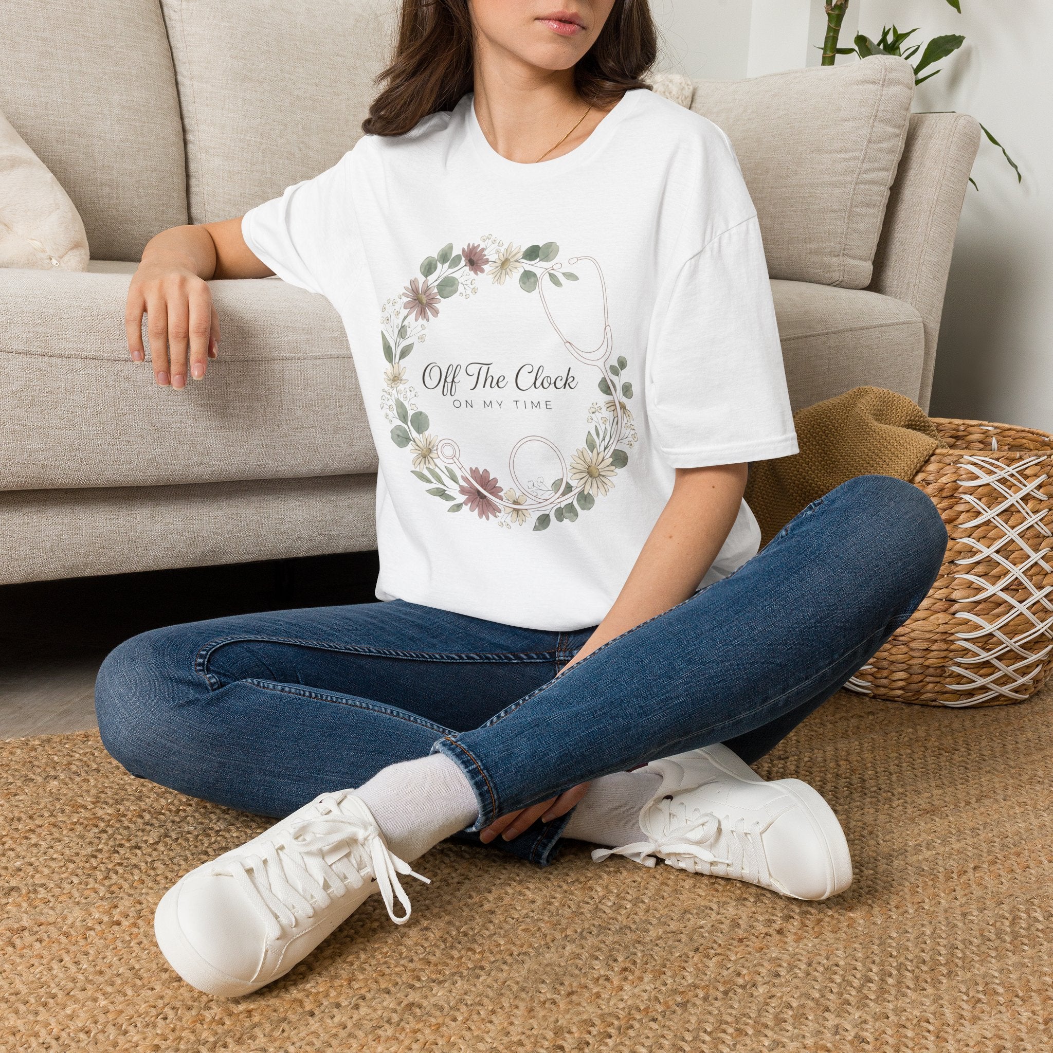 'Off The Clock, On My Time' Floral Stethoscope Nurse T-Shirt