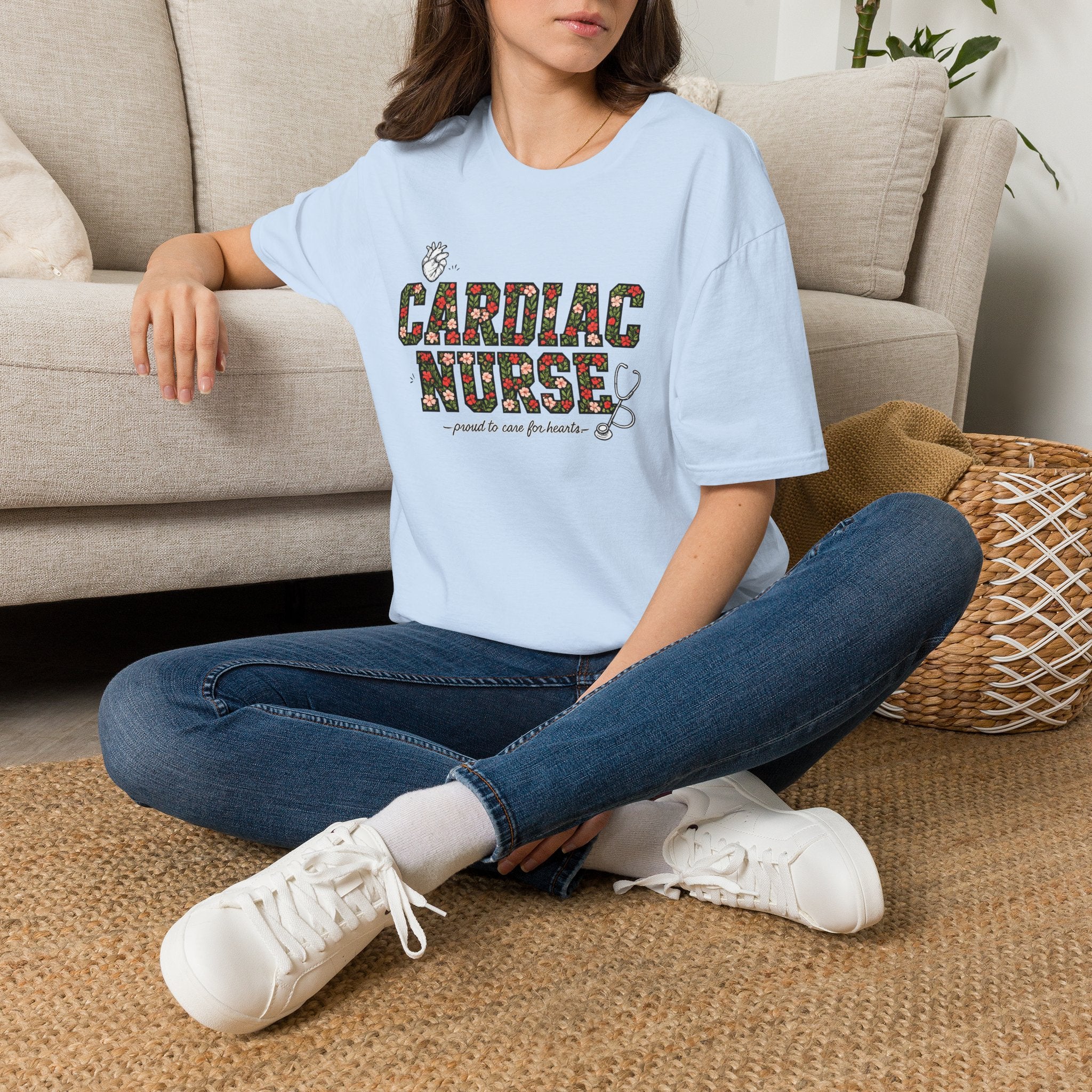 Cardiac Nurse Floral Tee — Proud to Care for Hearts