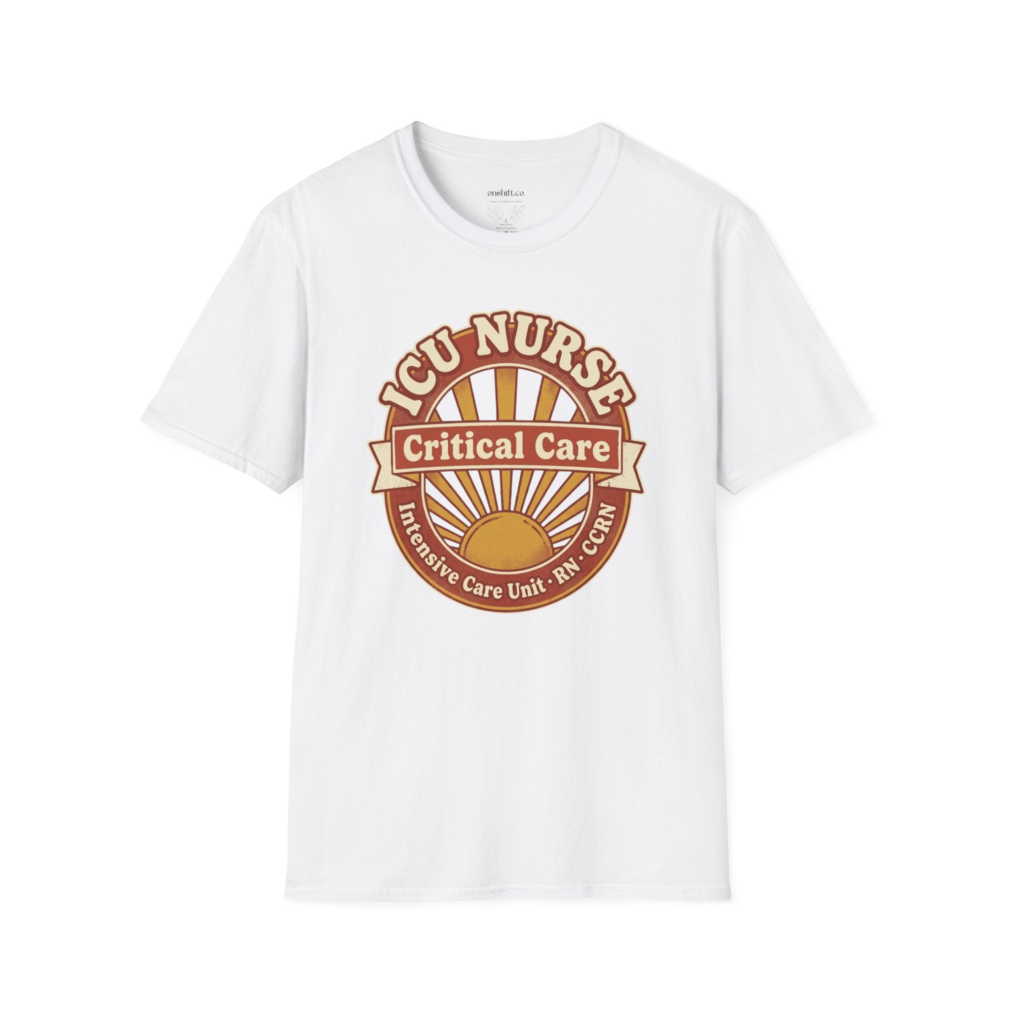 White t-shirt with 'ICU Nurse Critical Care' graphic design on a white background
