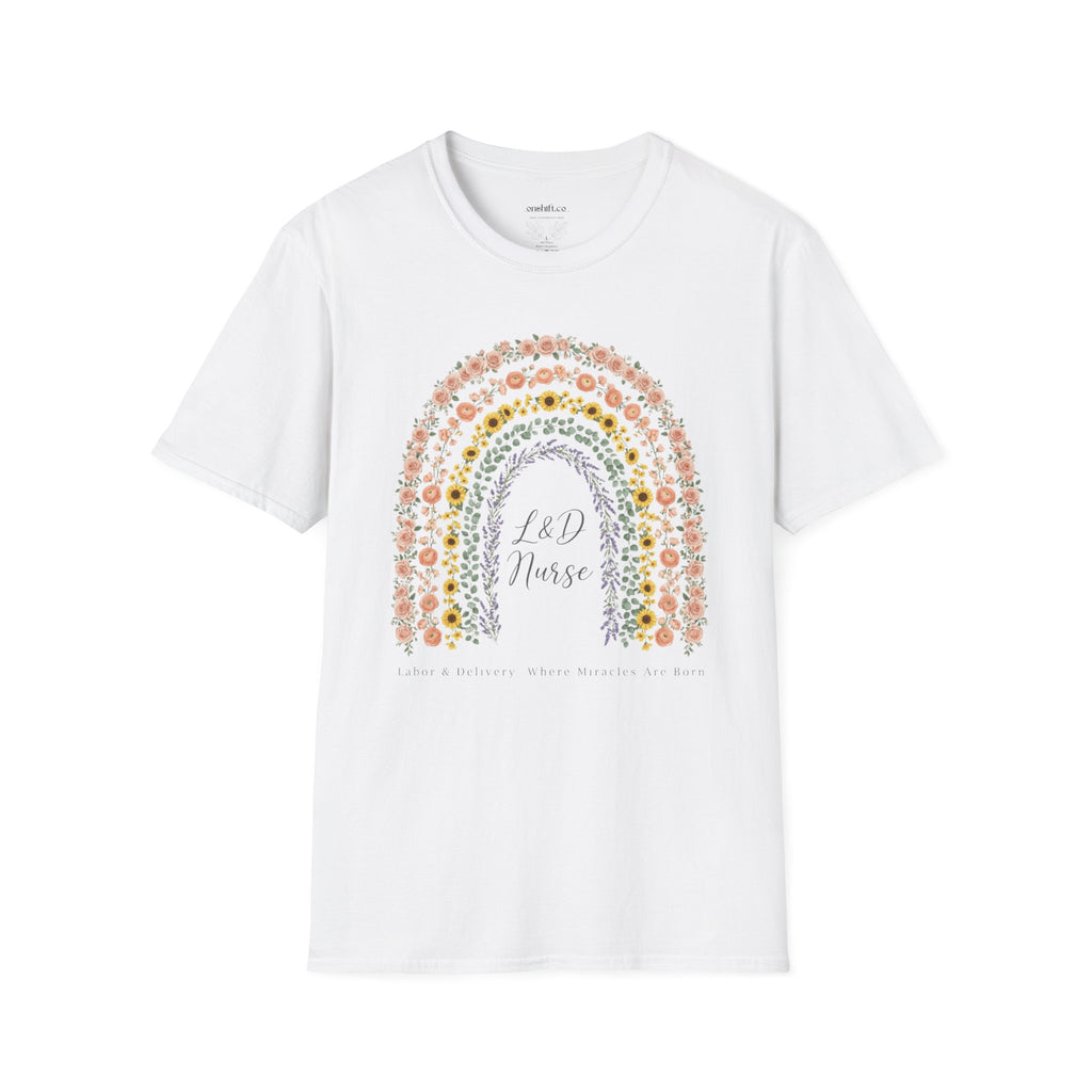 White t-shirt with a colorful rainbow design and text on a white background L and D nurse