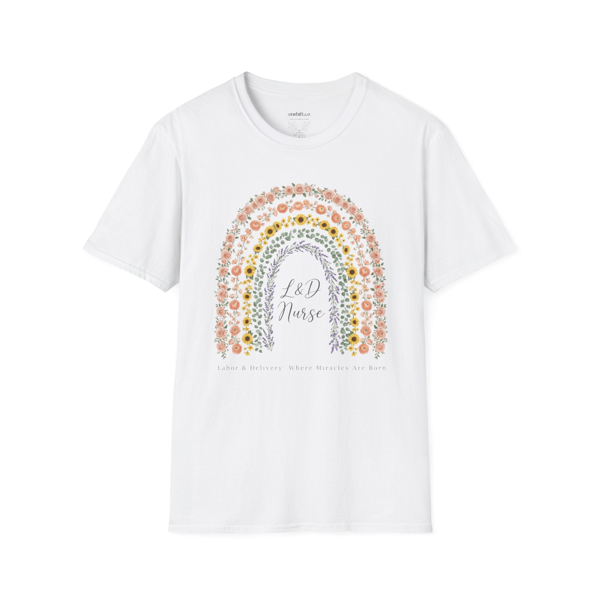 White t-shirt with a colorful rainbow design and text on a white background L and D nurse