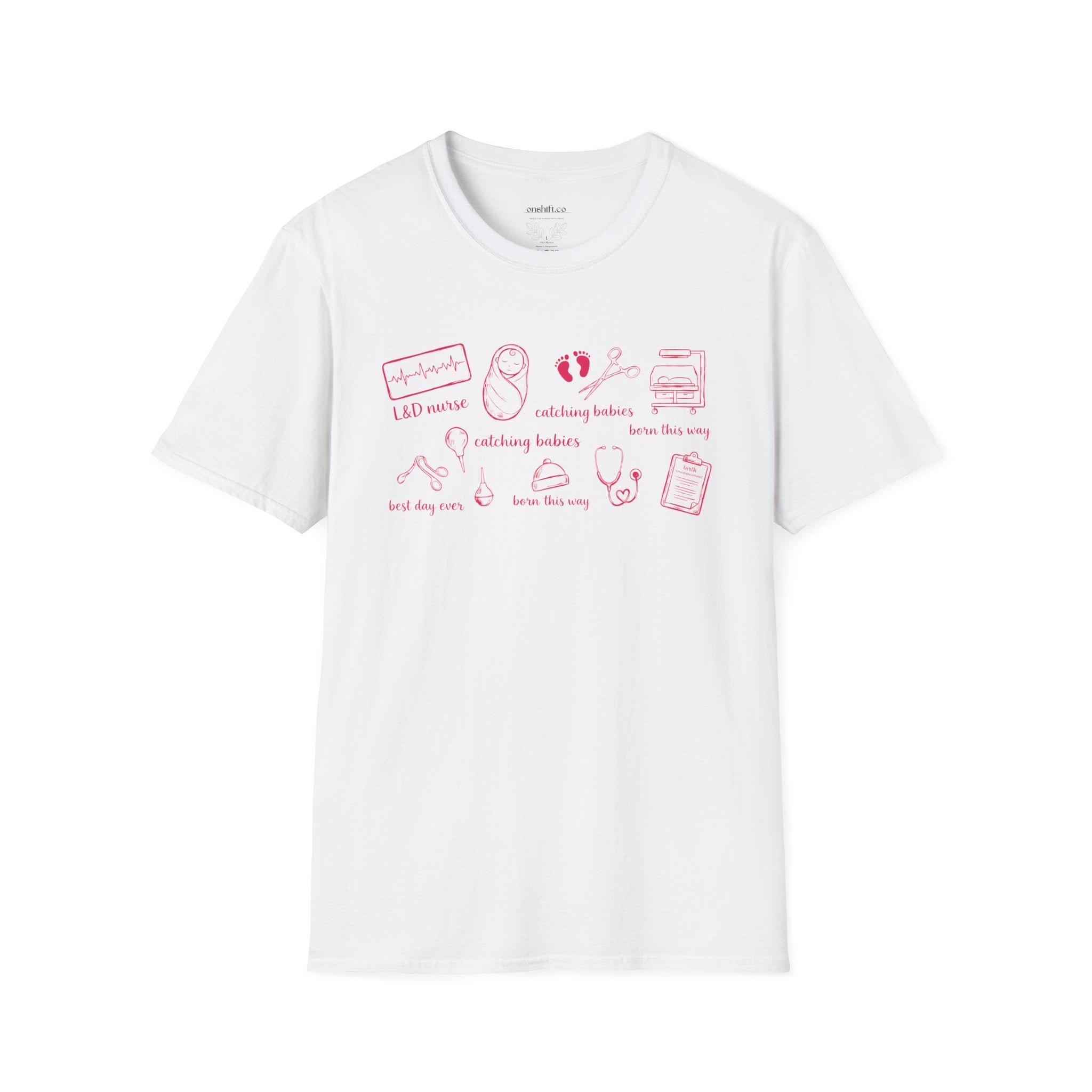White t-shirt with red graphics and text on a white background