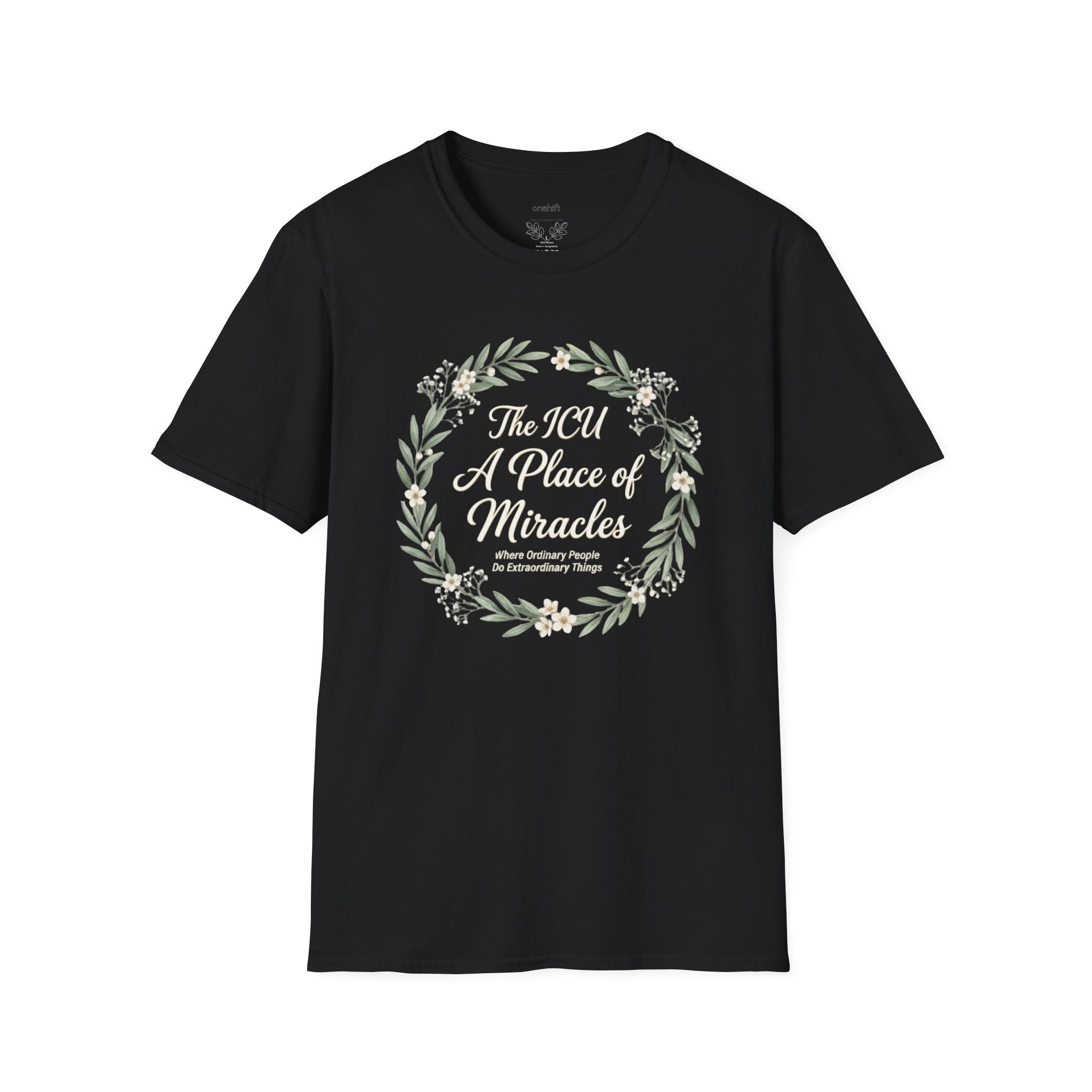 Black t-shirt with a circular floral design surrounding text that states the ICU a place of miracles