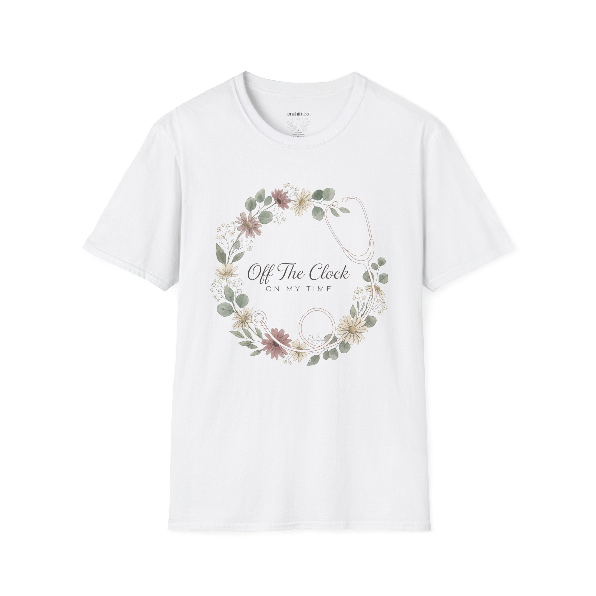 'Off The Clock, On My Time' Floral Stethoscope Nurse T-Shirt