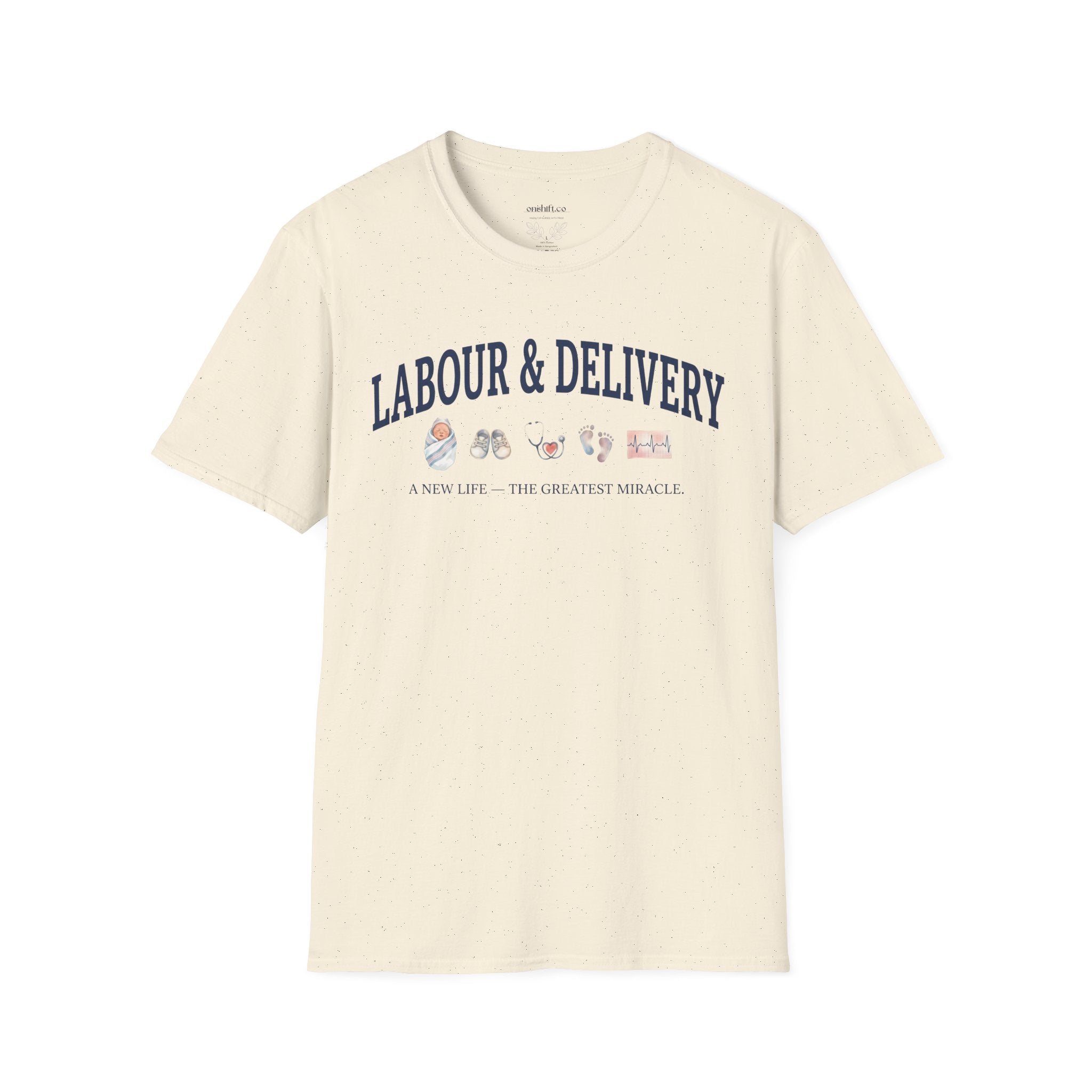Labor and delivery nurse vintage collegiate-style t-shirt