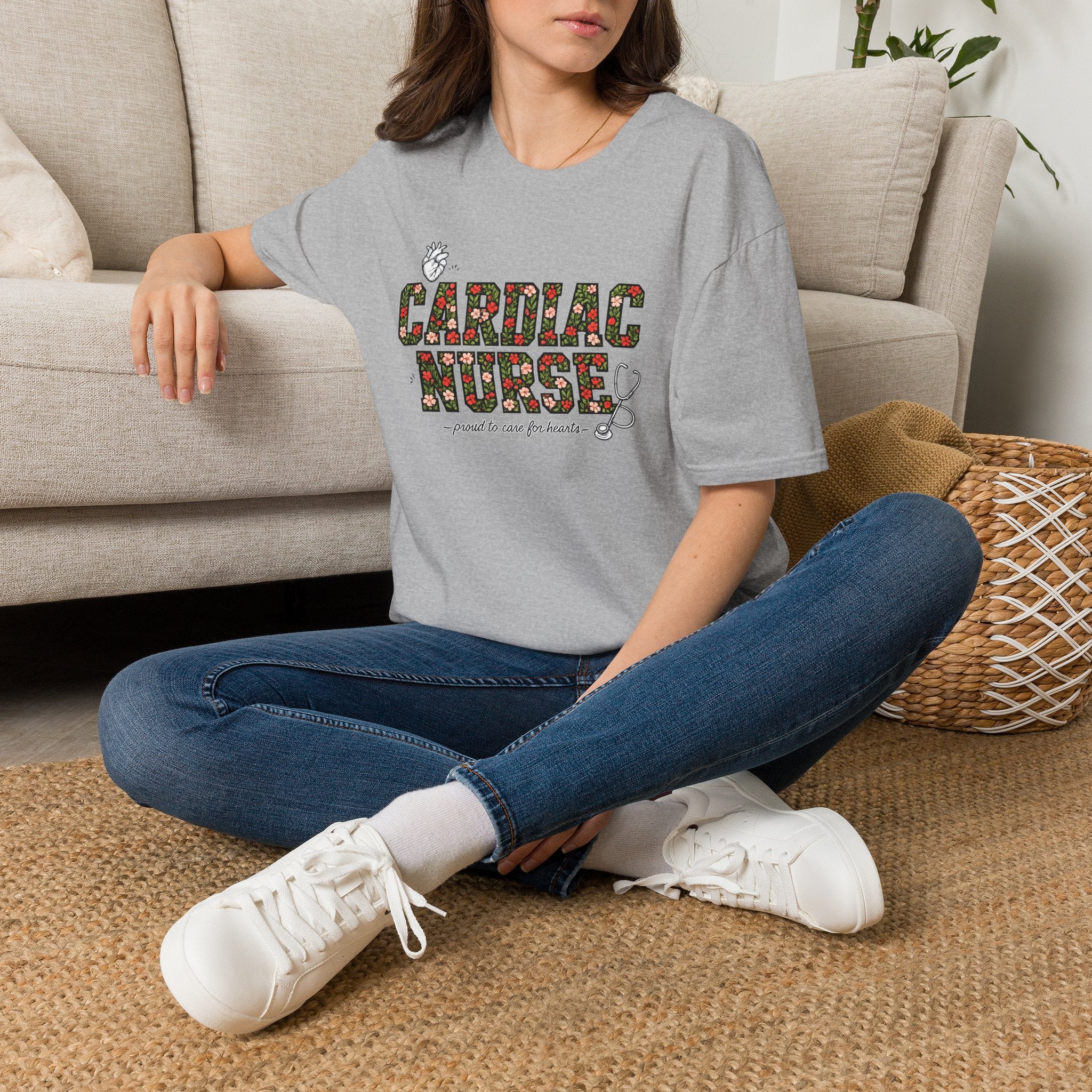 Cardiac Nurse Floral Tee — Proud to Care for Hearts