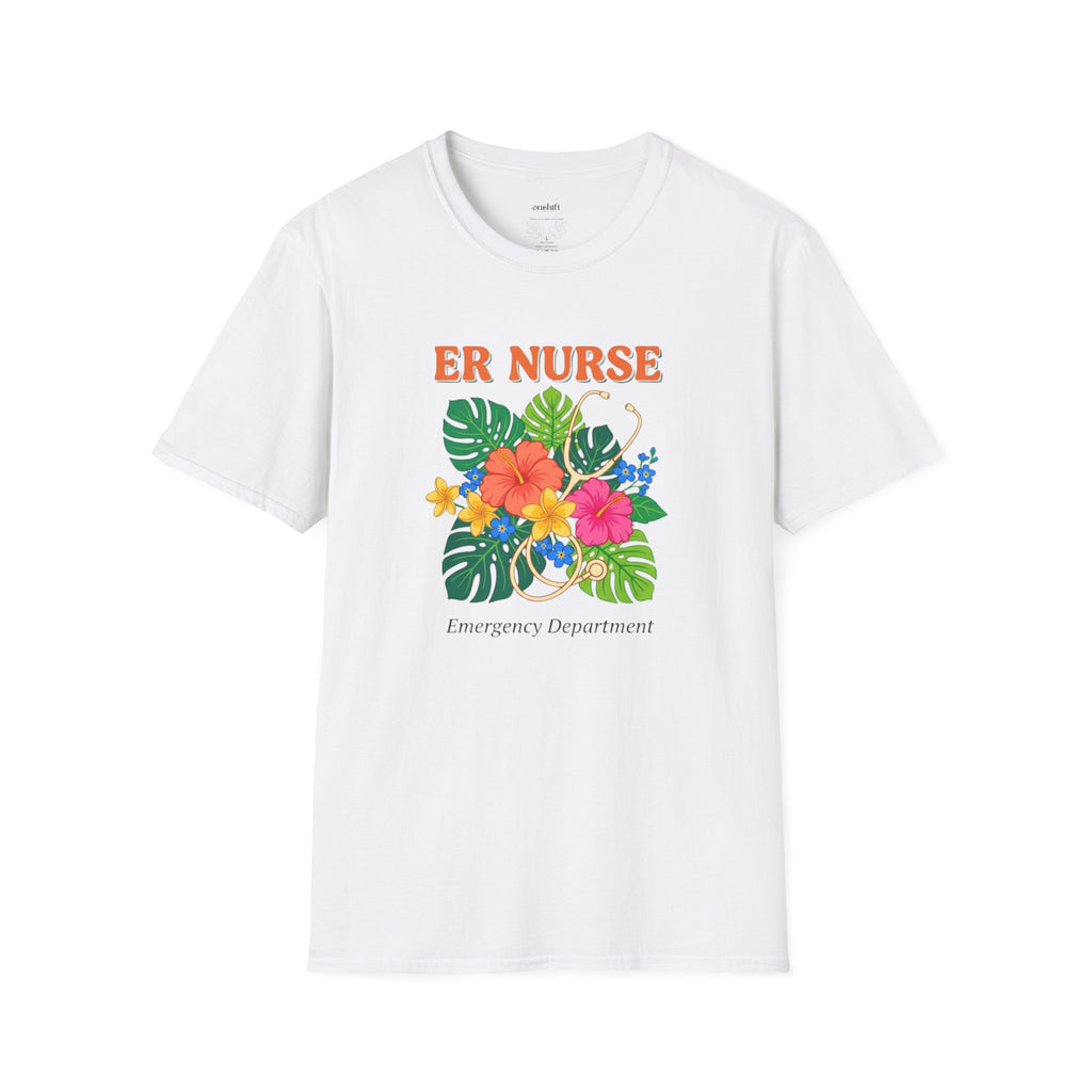White t-shirt with colorful floral design and 'ER Nurse' text on a white background