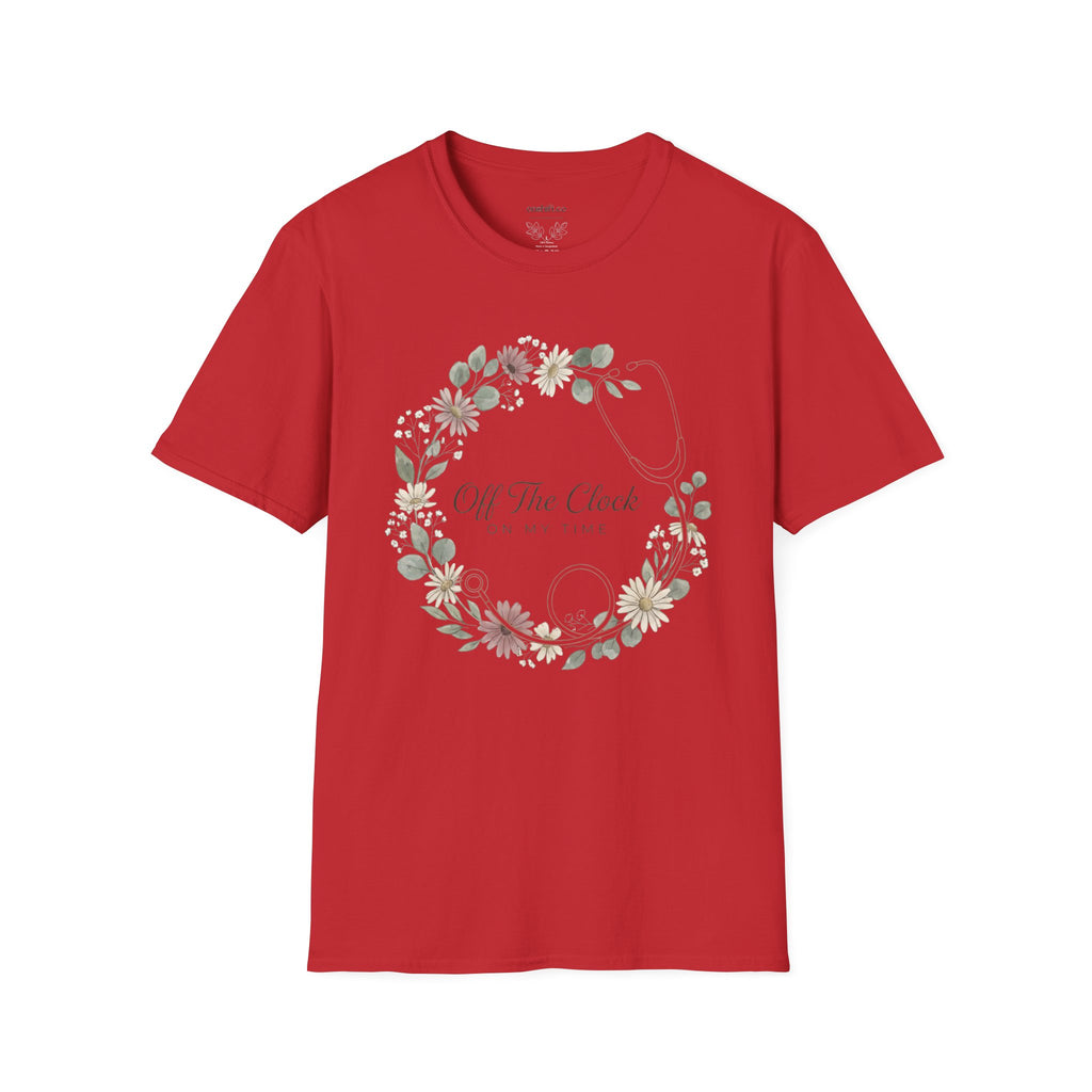 'Off The Clock, On My Time' Floral Stethoscope Nurse T-Shirt