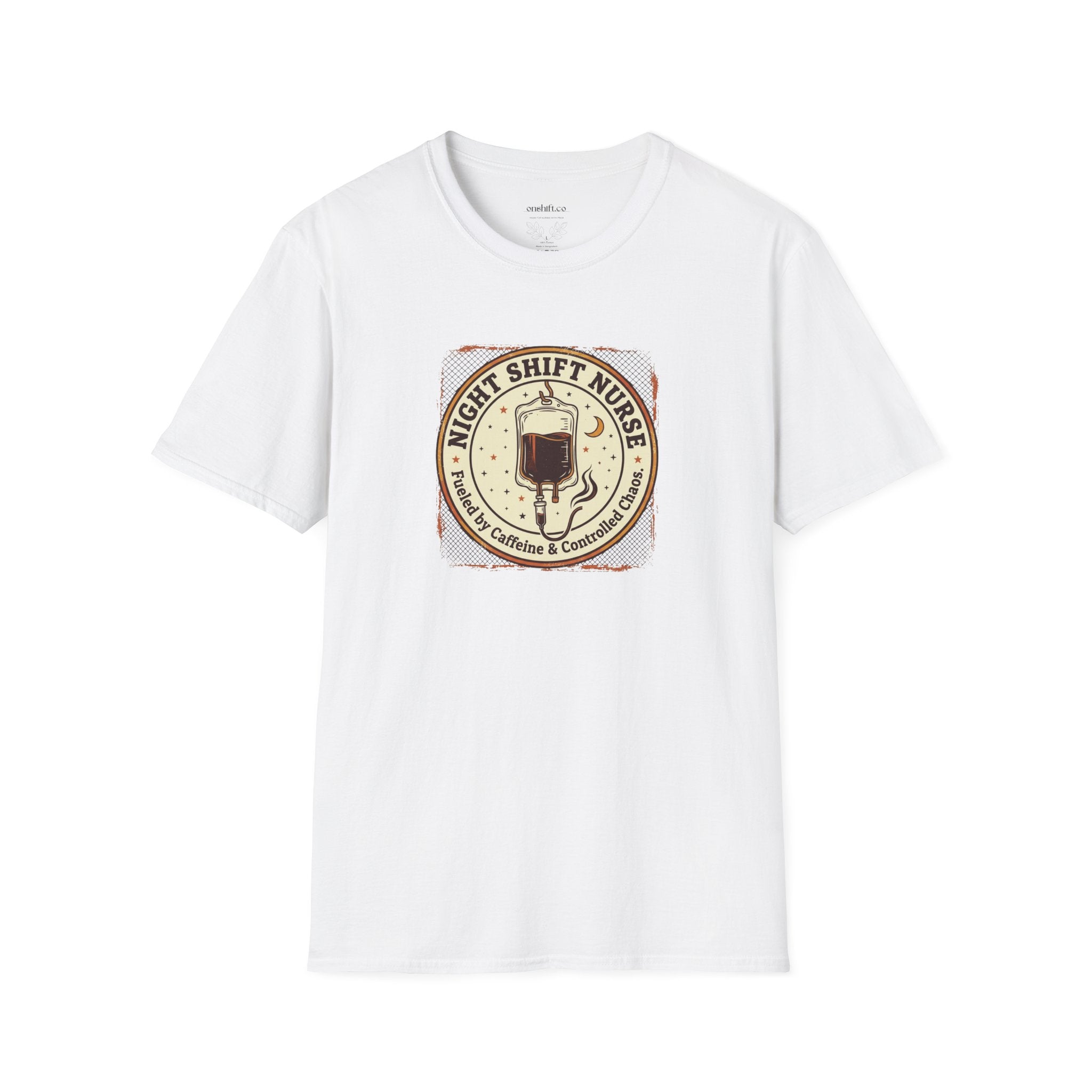 White t-shirt with 'Night Shift Nurse' graphic of an IV bag filled with coffee on a white background