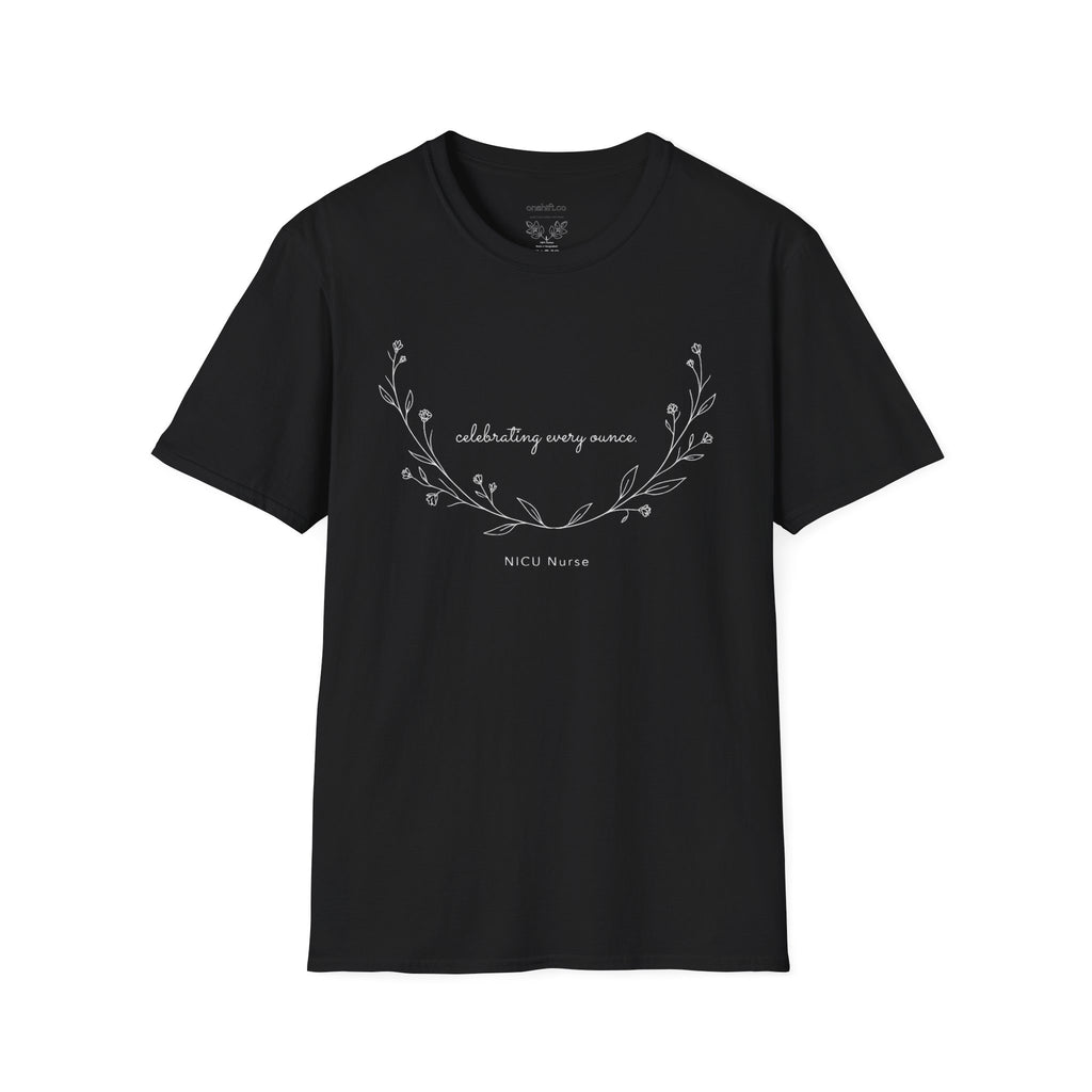 Black t-shirt with a subtle floral design and text that states celebrating every ounce 