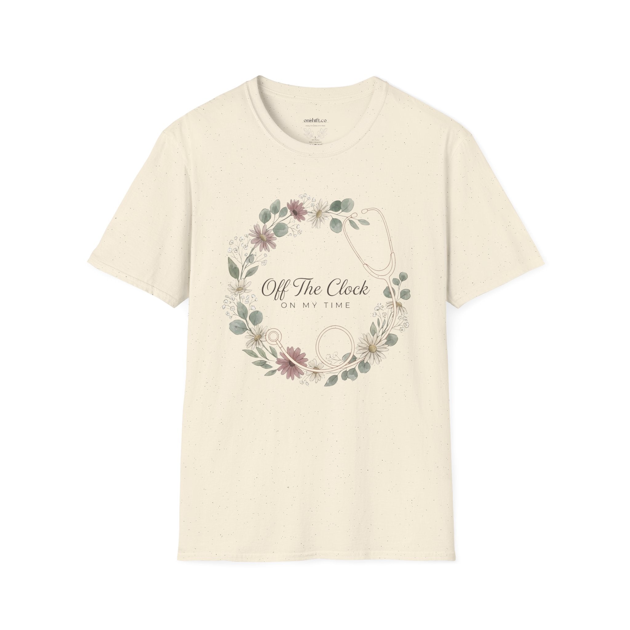 'Off The Clock, On My Time' Floral Stethoscope Nurse T-Shirt