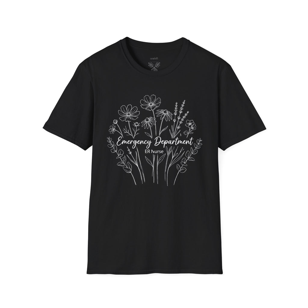 Black t-shirt with a floral design and text that states Emergency department