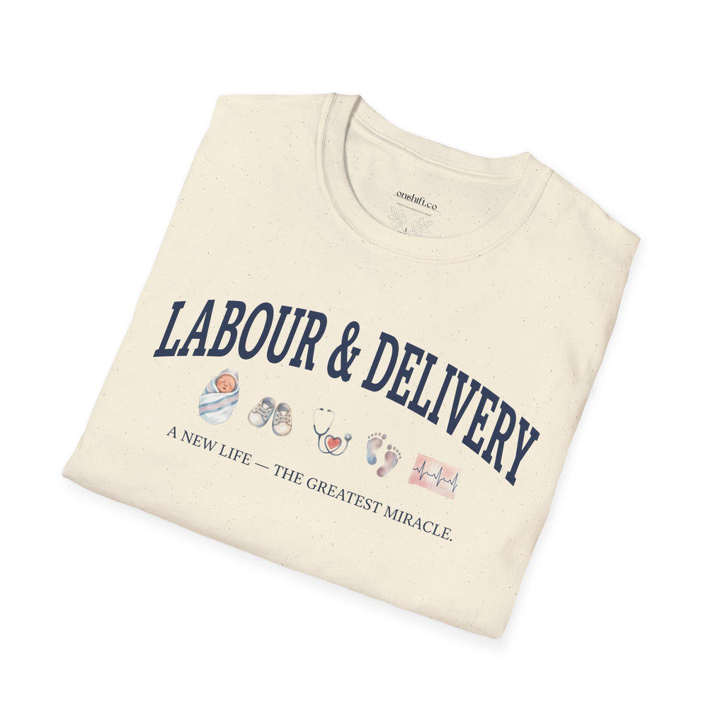 Labor and delivery nurse vintage collegiate-style t-shirt
