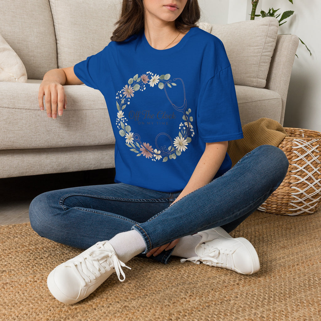 'Off The Clock, On My Time' Floral Stethoscope Nurse T-Shirt