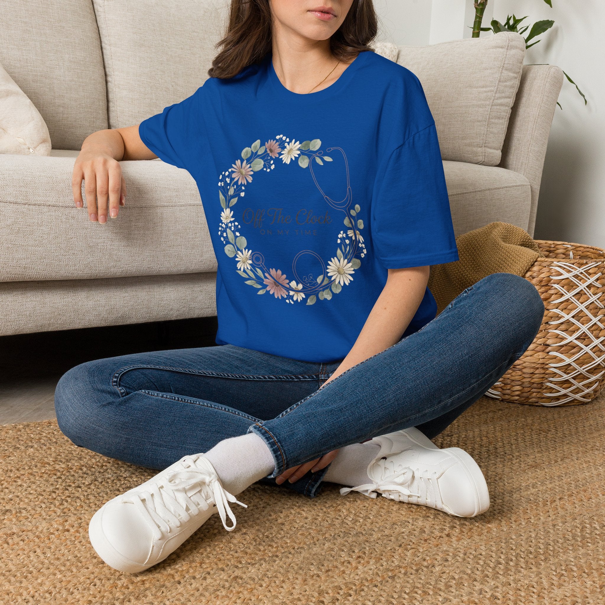 'Off The Clock, On My Time' Floral Stethoscope Nurse T-Shirt
