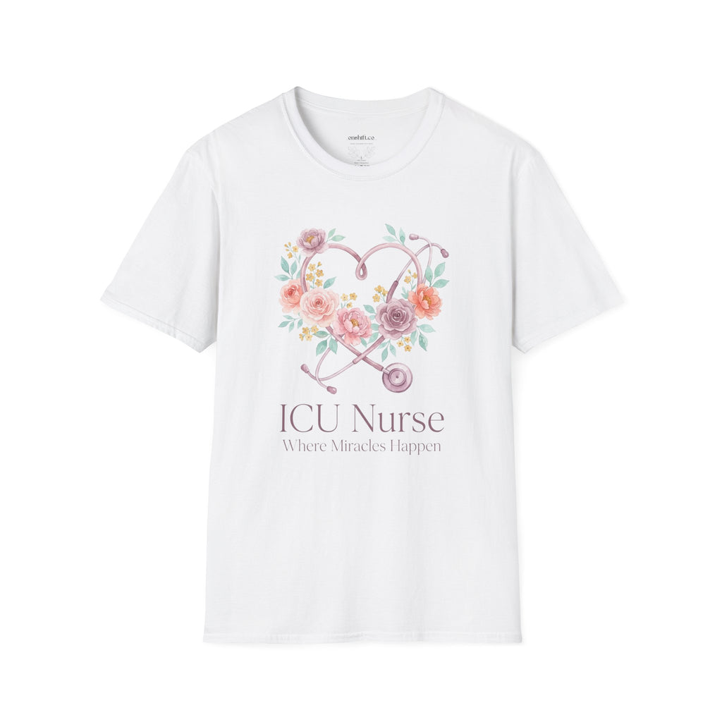 White t-shirt with 'ICU Nurse Where Miracles Happen' and a heart stethoscope with a floral design on a white background