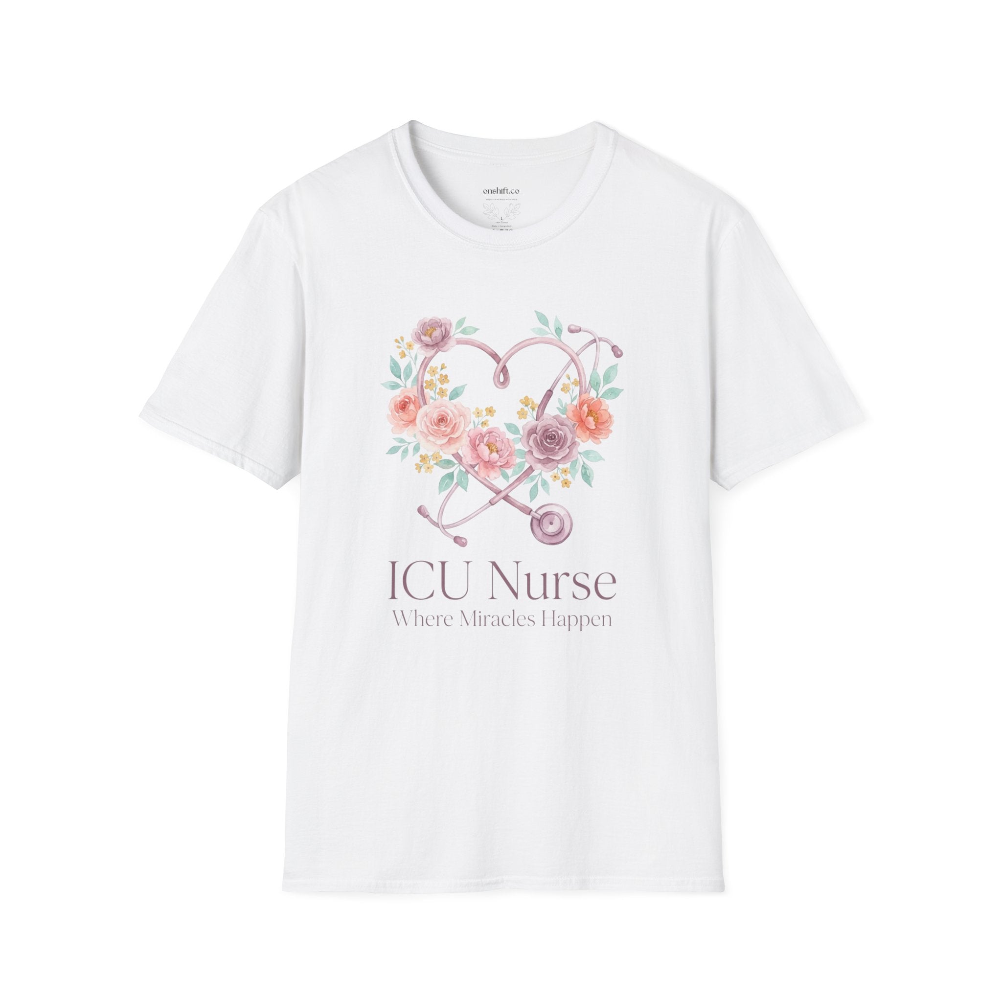 White t-shirt with 'ICU Nurse Where Miracles Happen' and a heart stethoscope with a floral design on a white background