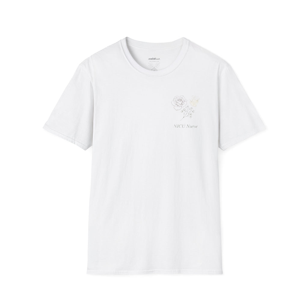 White t-shirt with a floral design and text that states NICU nurse