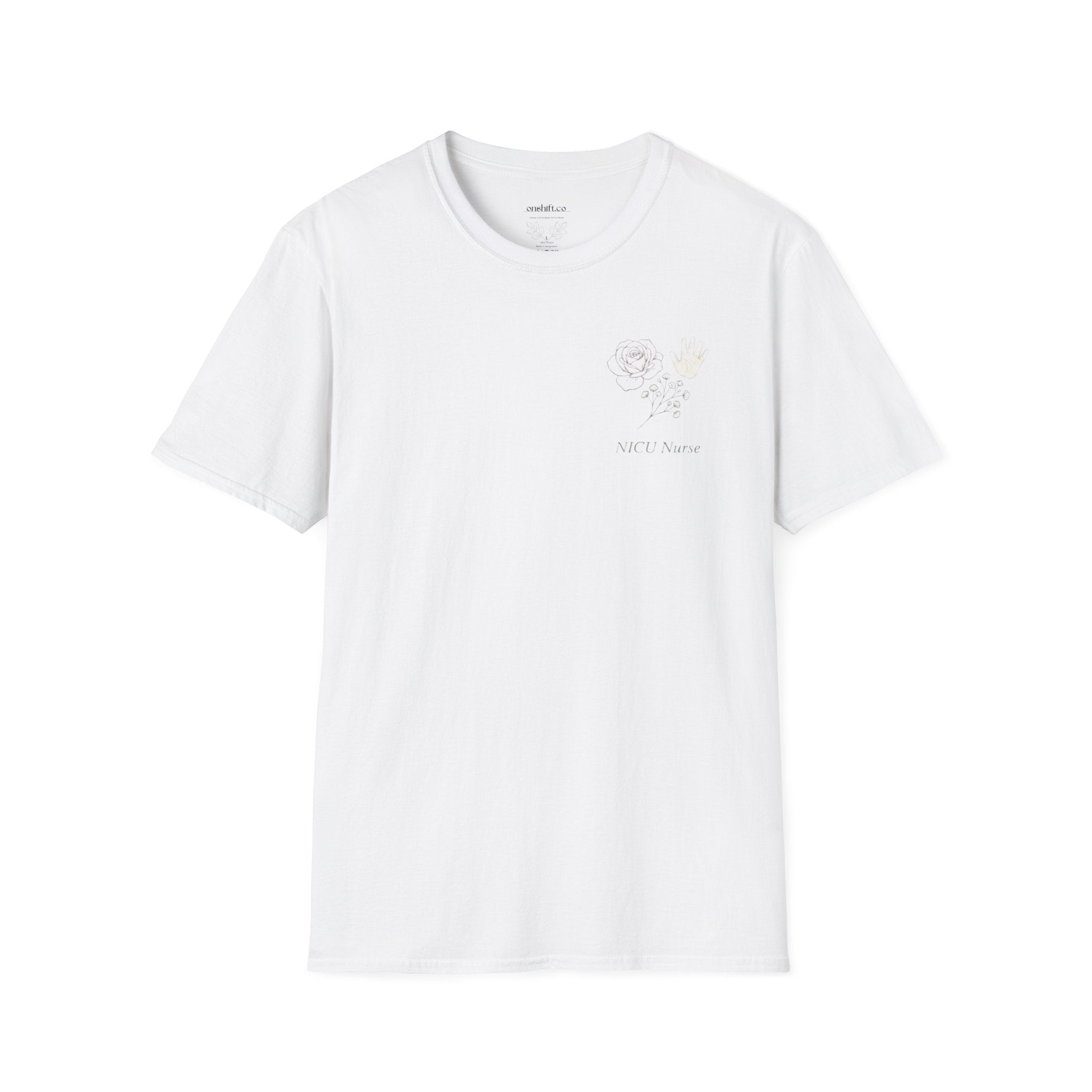 White t-shirt with a floral design and text that states NICU nurse