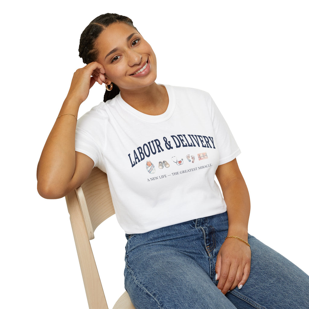 Labor and delivery nurse vintage collegiate-style t-shirt