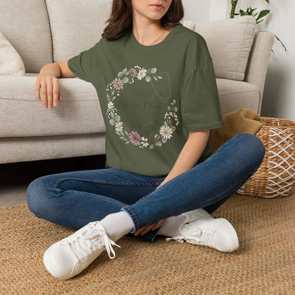 'Off The Clock, On My Time' Floral Stethoscope Nurse T-Shirt