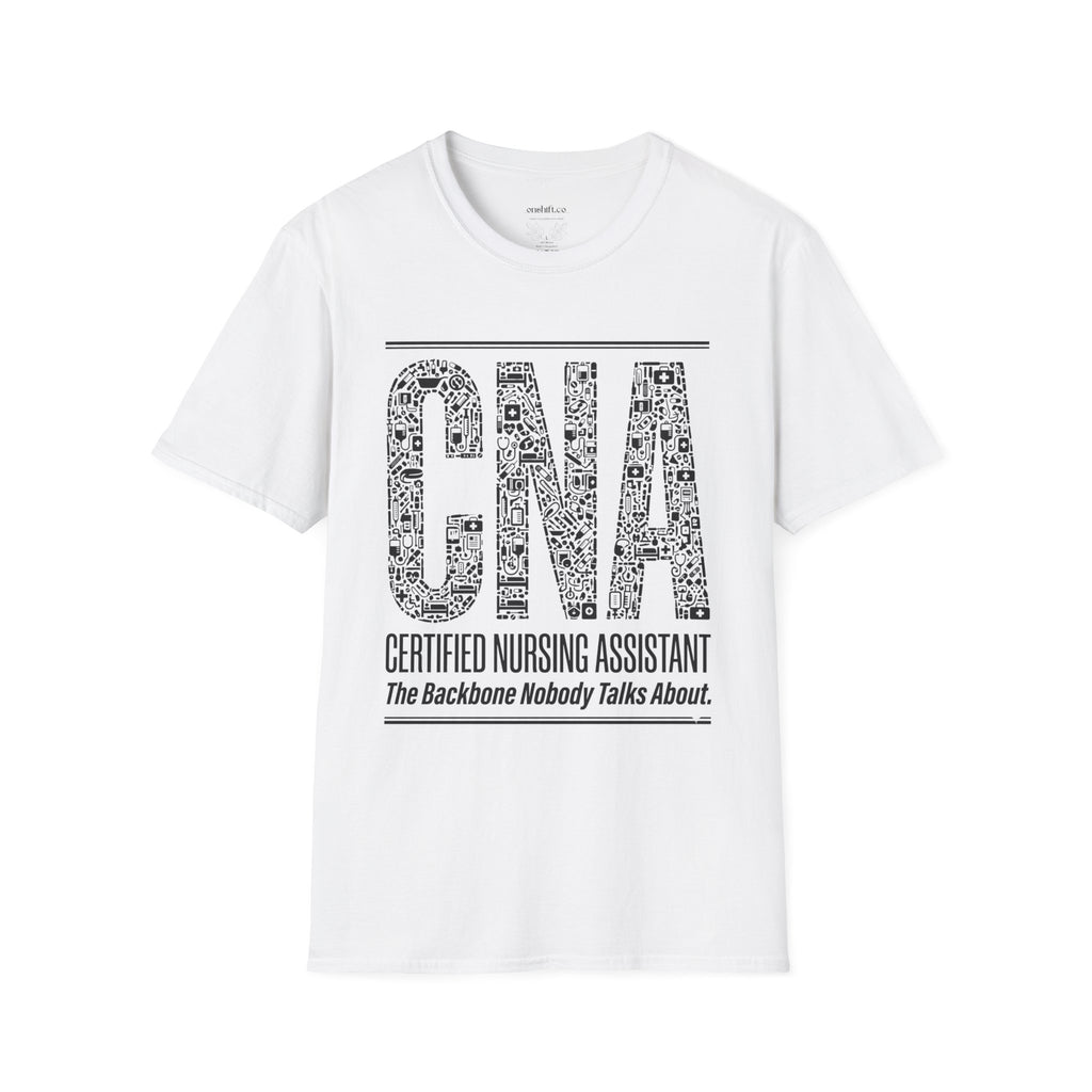 White t-shirt with 'CNA Certified Nursing Assistant' text design on a white background
