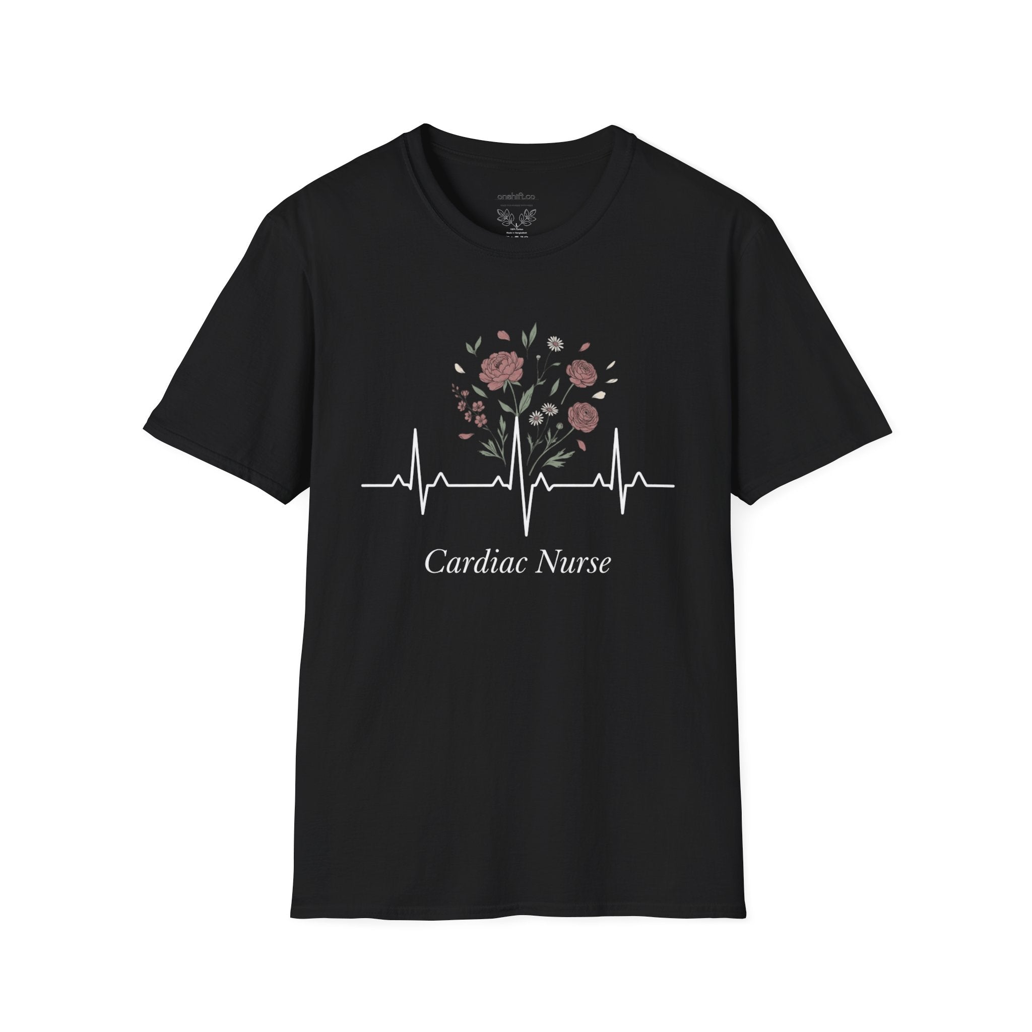 Black t-shirt with cardiac nurse with a floral design and an ekg line graphic design on a white background