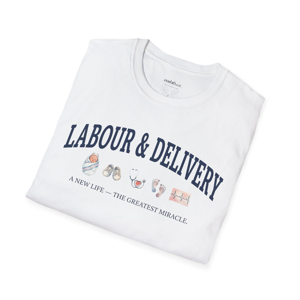 Labor and delivery nurse vintage collegiate-style t-shirt