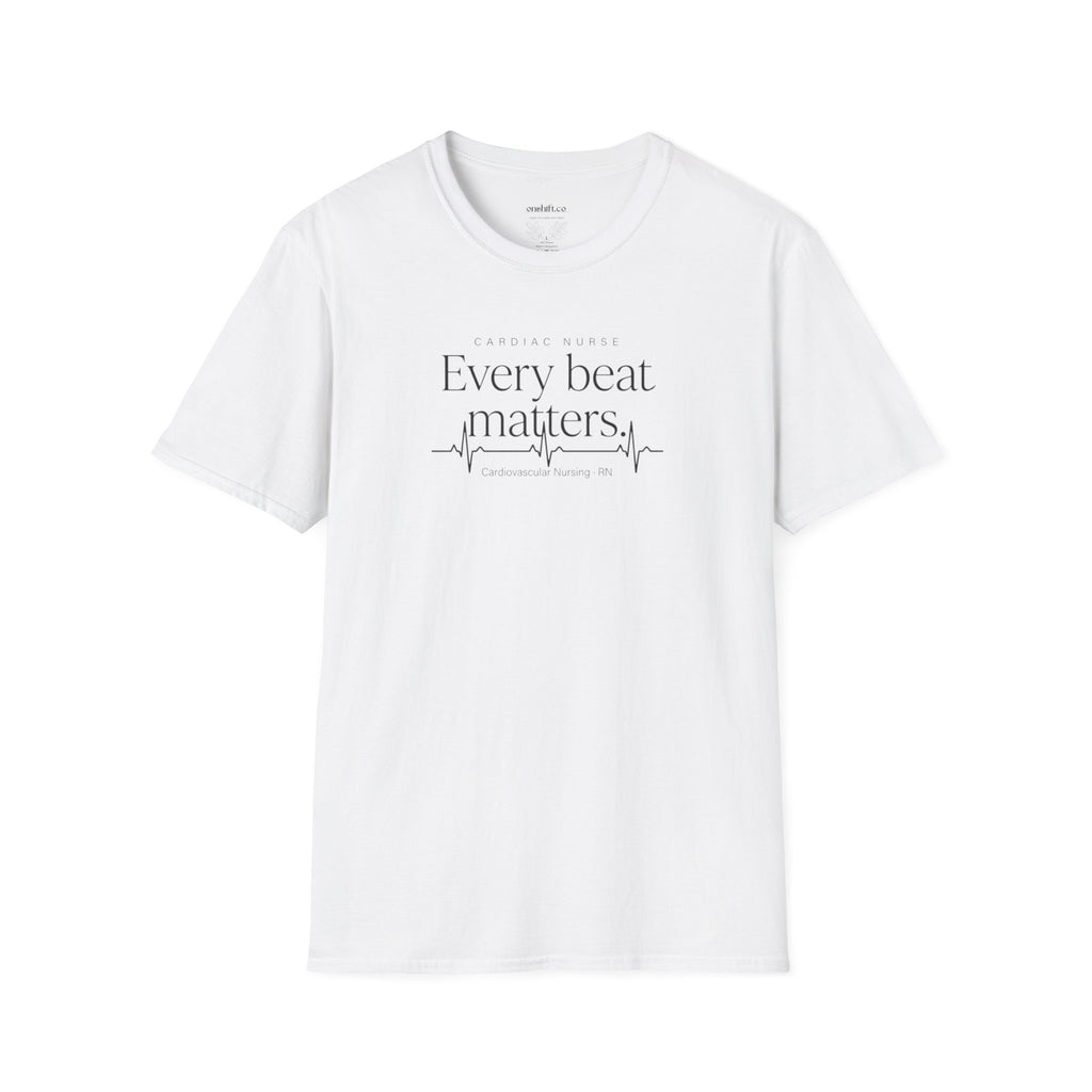 White t-shirt with text that states cardiac nurse every beat matters