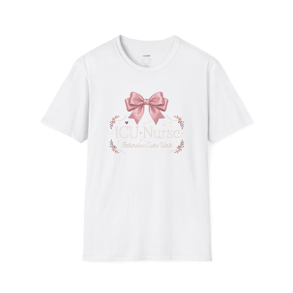 White t-shirt with a pink bow and floral design on a white background with text that states ICU Nurse Intensive care unit