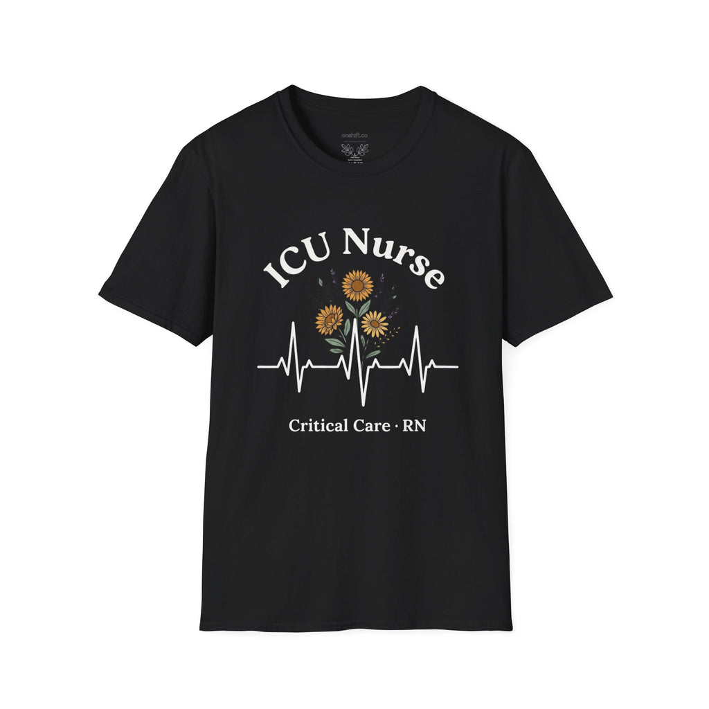 Black t-shirt with text that states ICU nurse. critical care. RN. with a floral design with an ekg line
