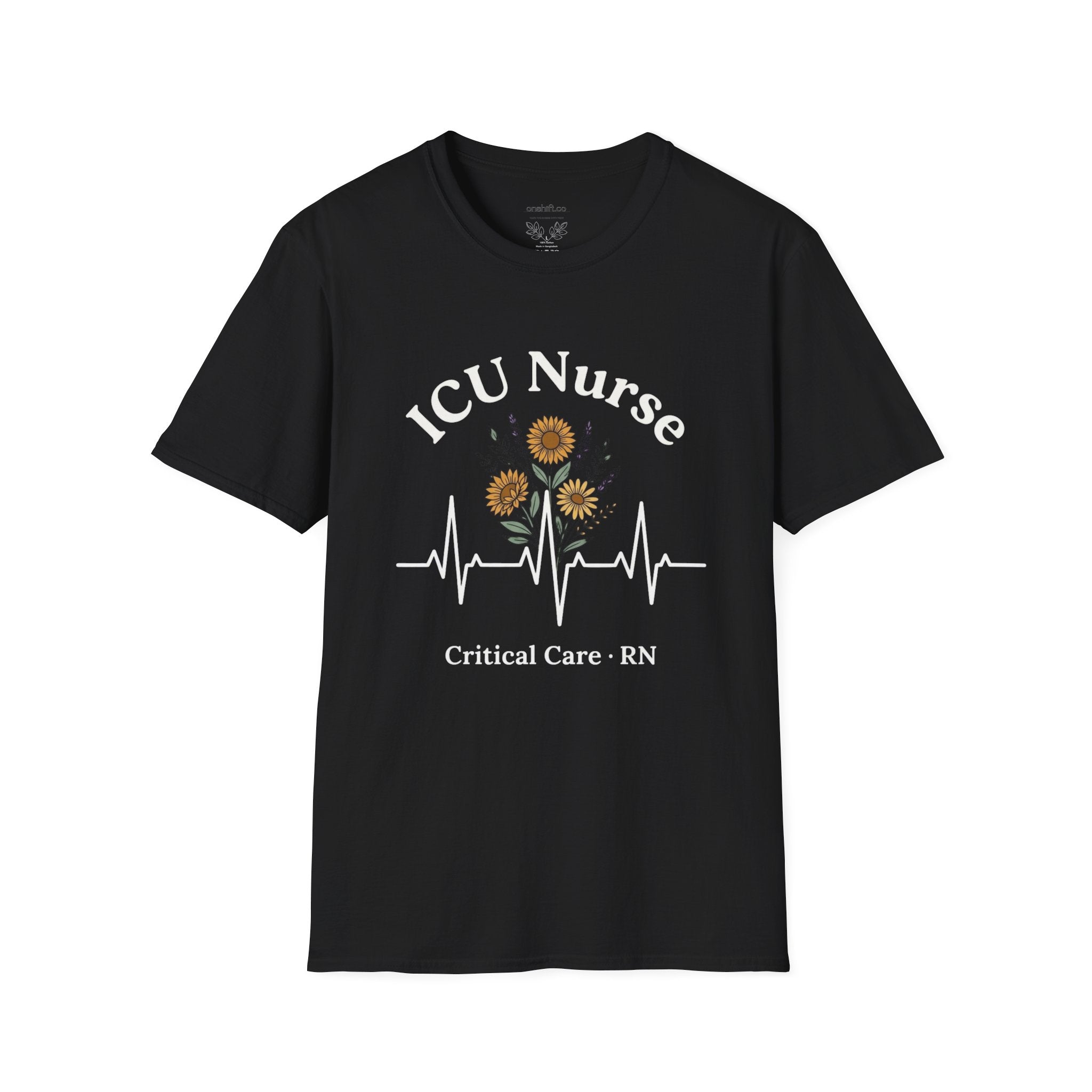Black t-shirt with text that states ICU nurse. critical care. RN. with a floral design with an ekg line
