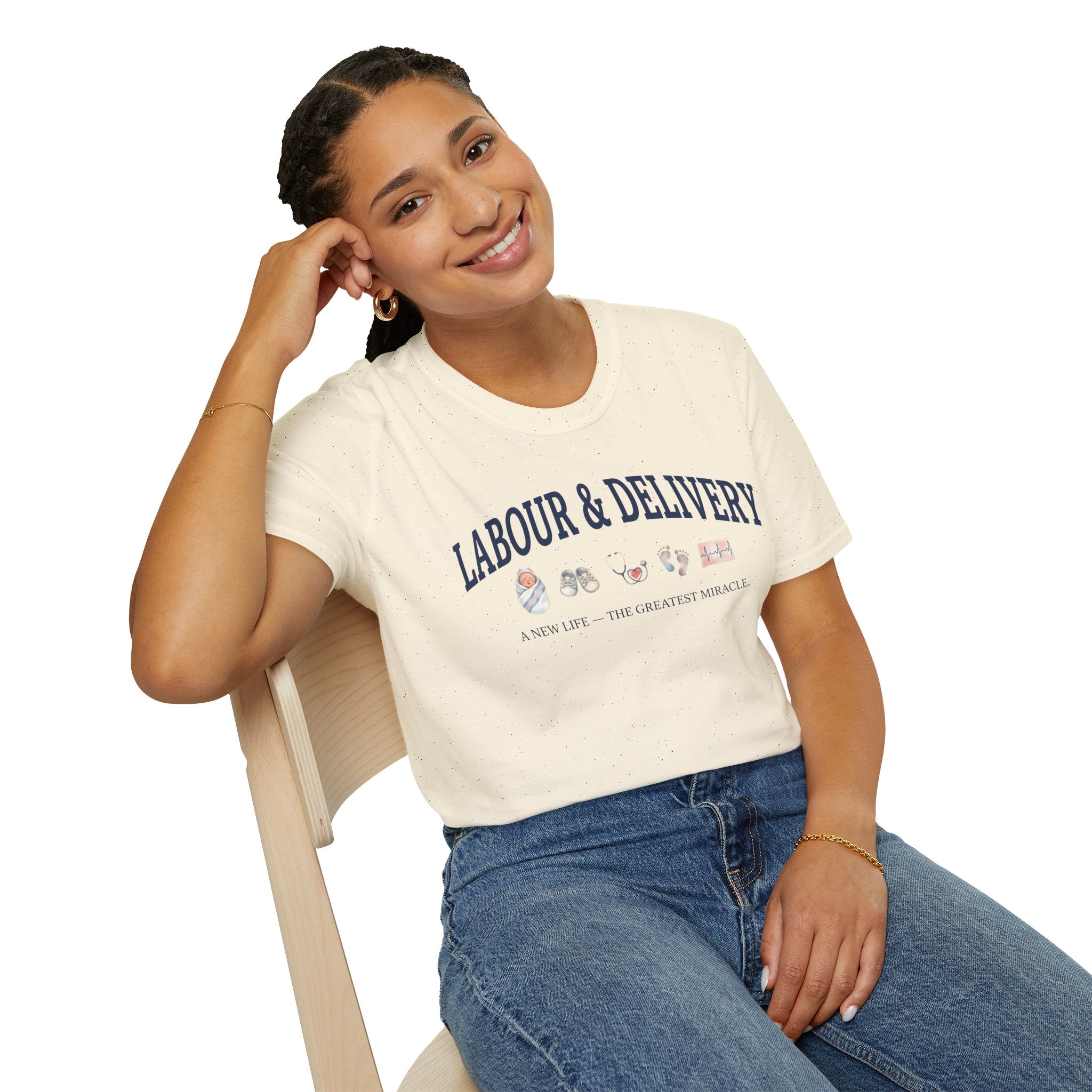 Labor and delivery nurse vintage collegiate-style t-shirt