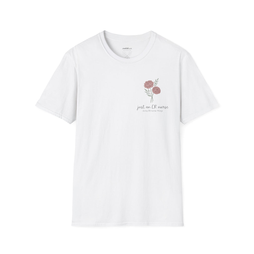 White t-shirt with floral design and text that states just an ER nurse on a white background