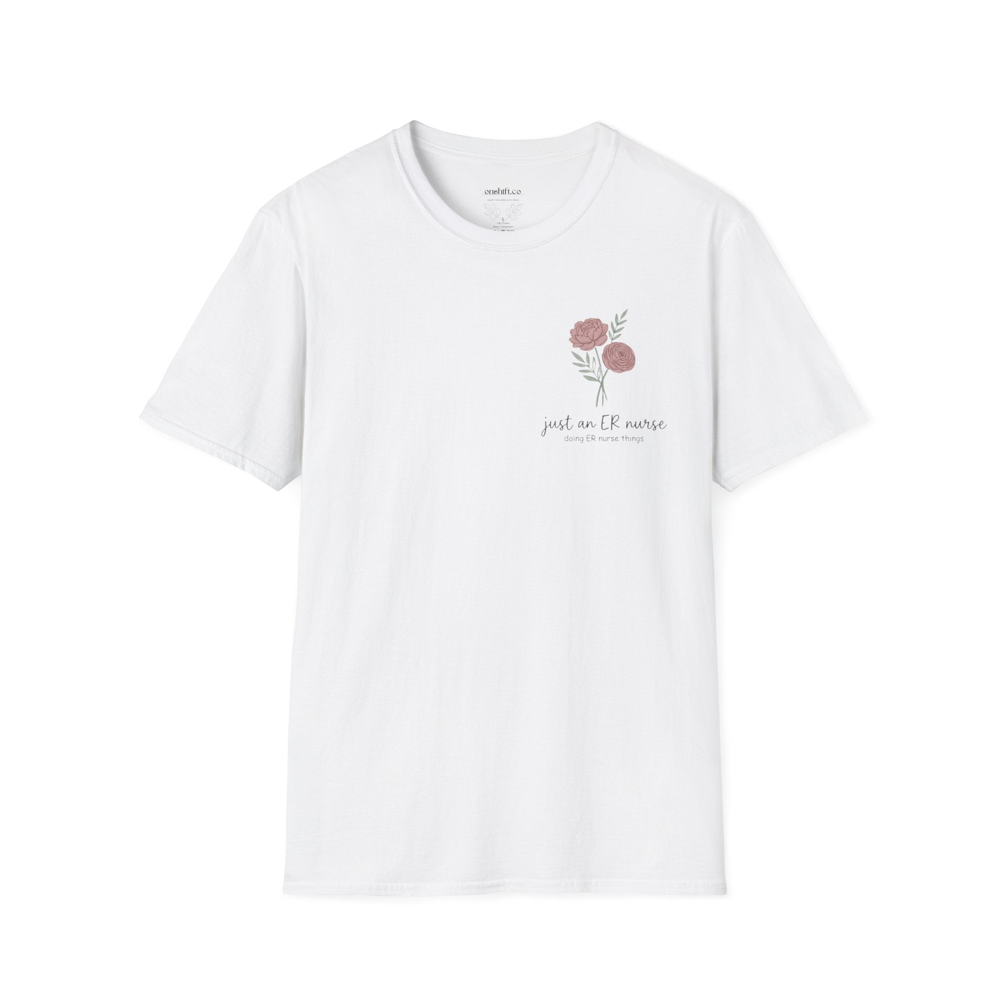 White t-shirt with floral design and text that states just an ER nurse on a white background
