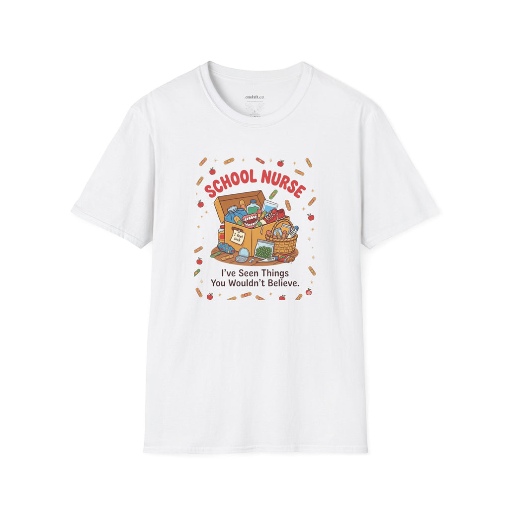 White t-shirt with a 'School Nurse' graphic and text on a white background