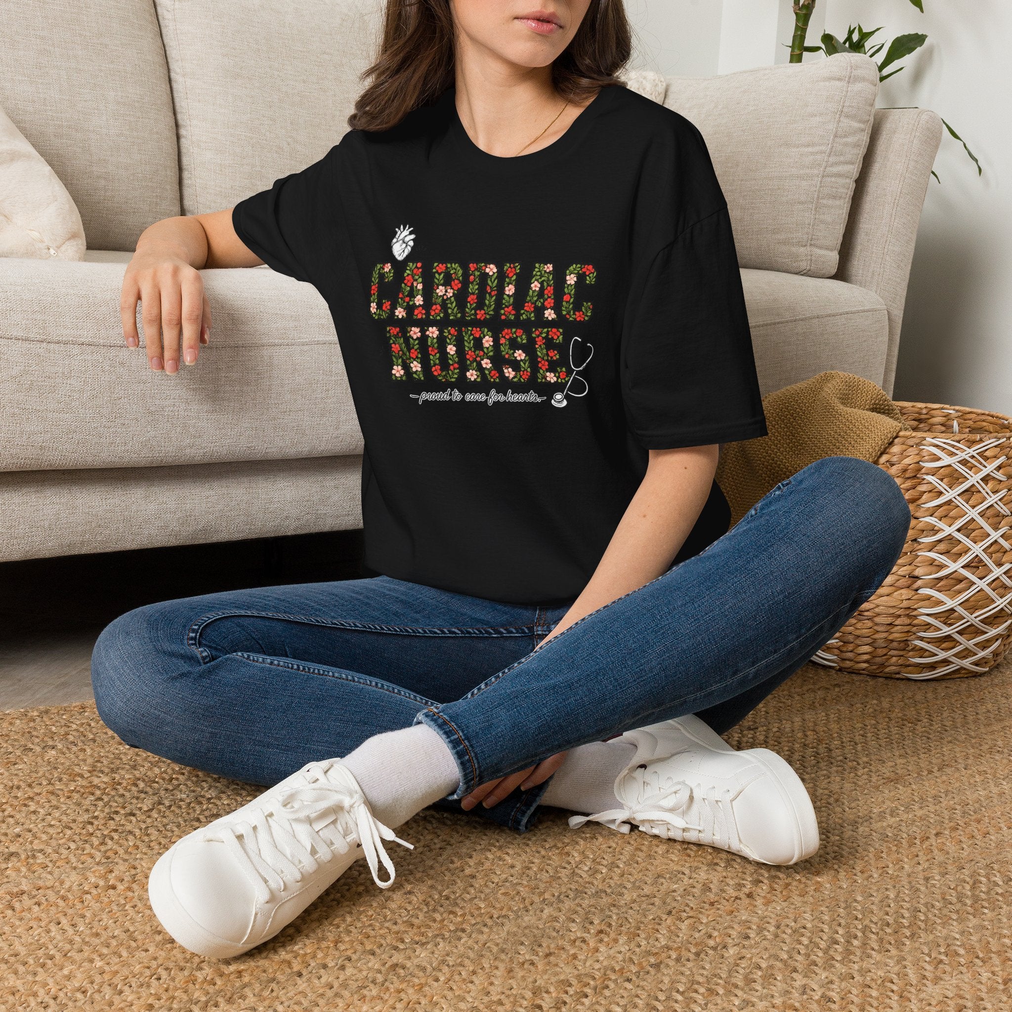 Cardiac Nurse Floral Tee — Proud to Care for Hearts