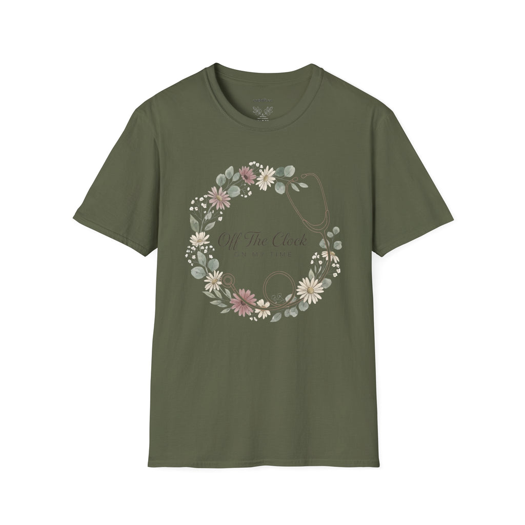 'Off The Clock, On My Time' Floral Stethoscope Nurse T-Shirt