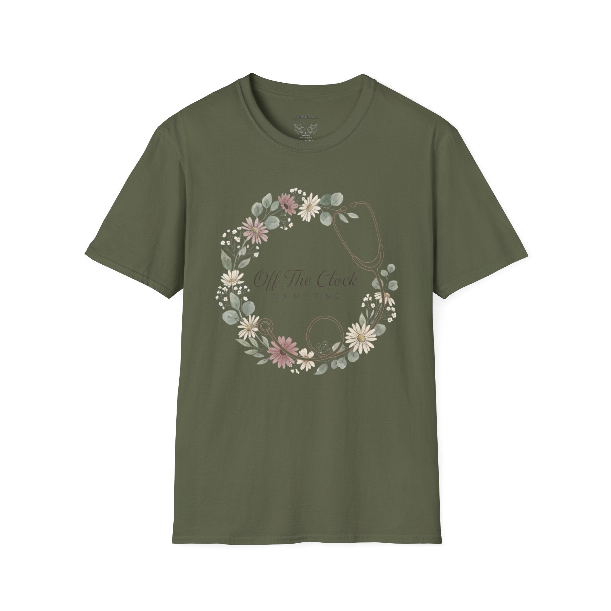 'Off The Clock, On My Time' Floral Stethoscope Nurse T-Shirt