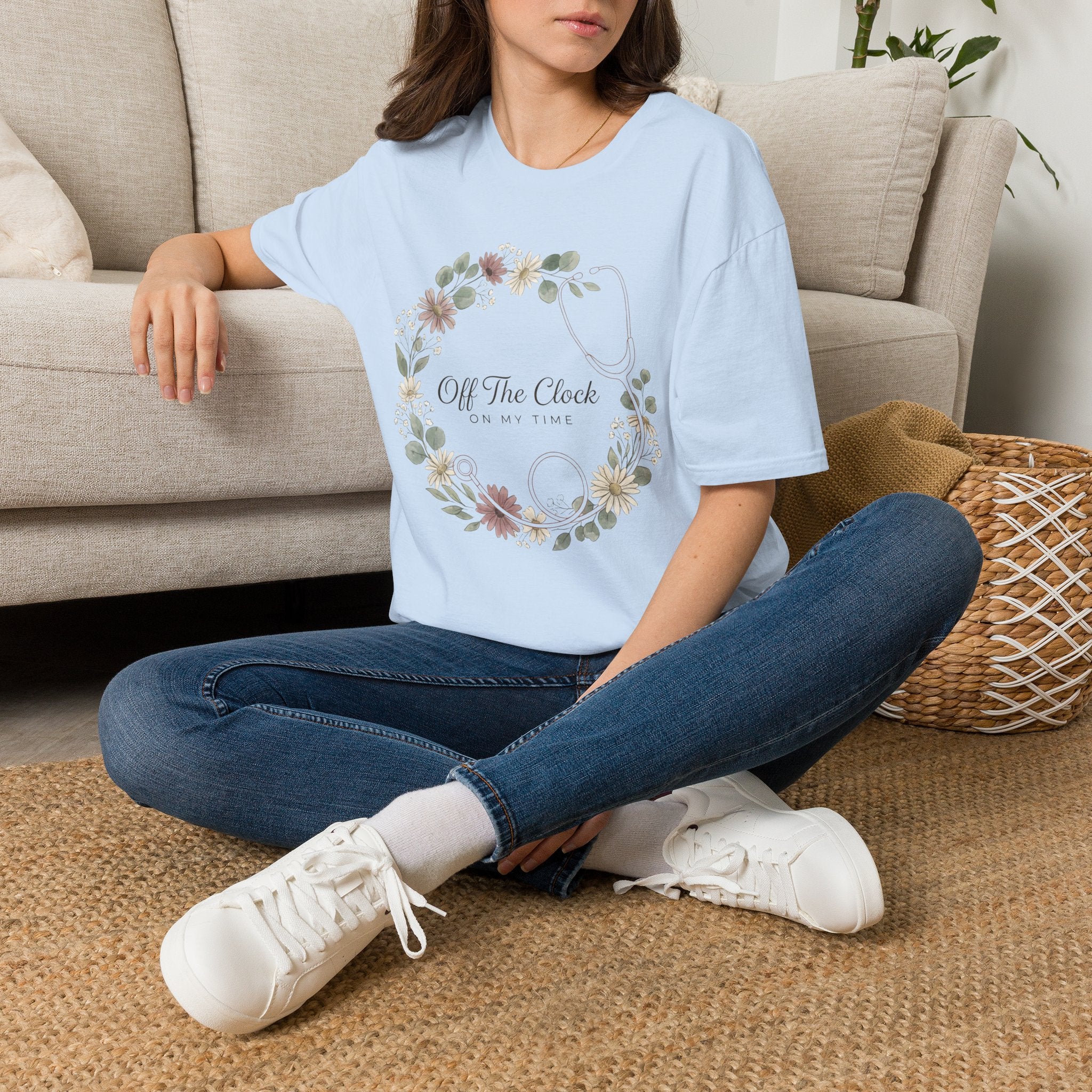 'Off The Clock, On My Time' Floral Stethoscope Nurse T-Shirt