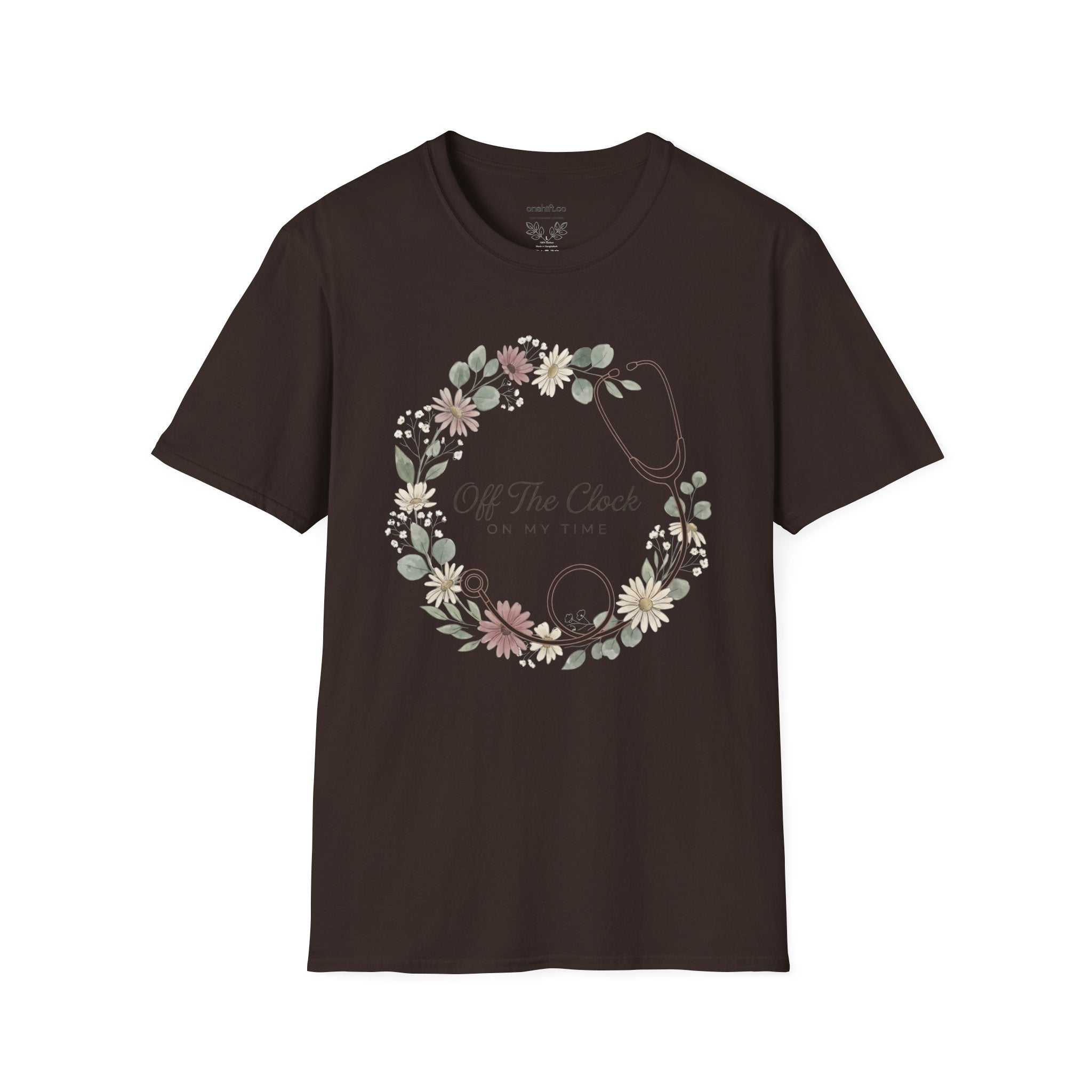 'Off The Clock, On My Time' Floral Stethoscope Nurse T-Shirt