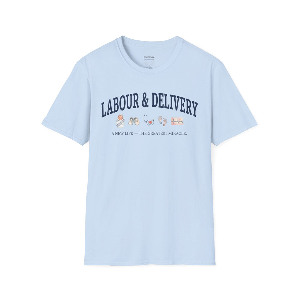Labor and delivery nurse vintage collegiate-style t-shirt