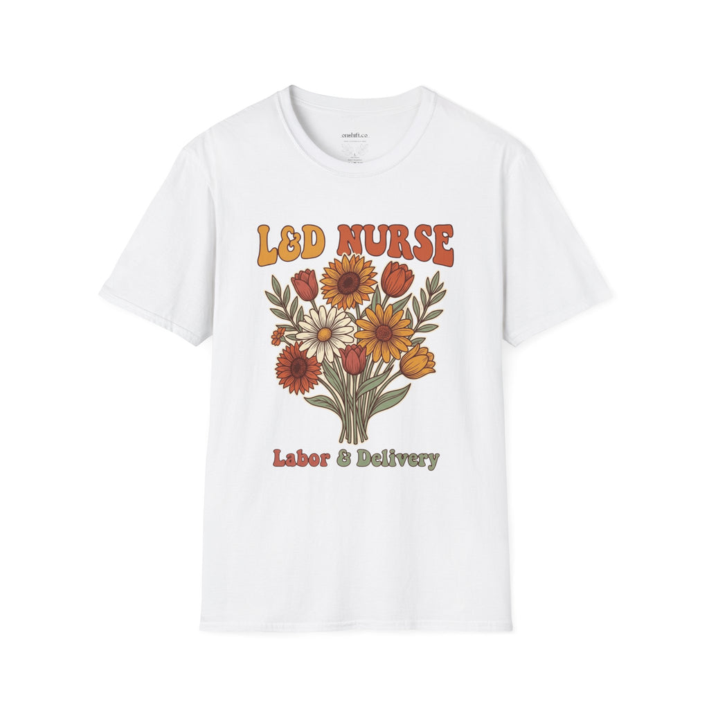 White t-shirt with floral design and Labor & Delivery nurse' text on a white background