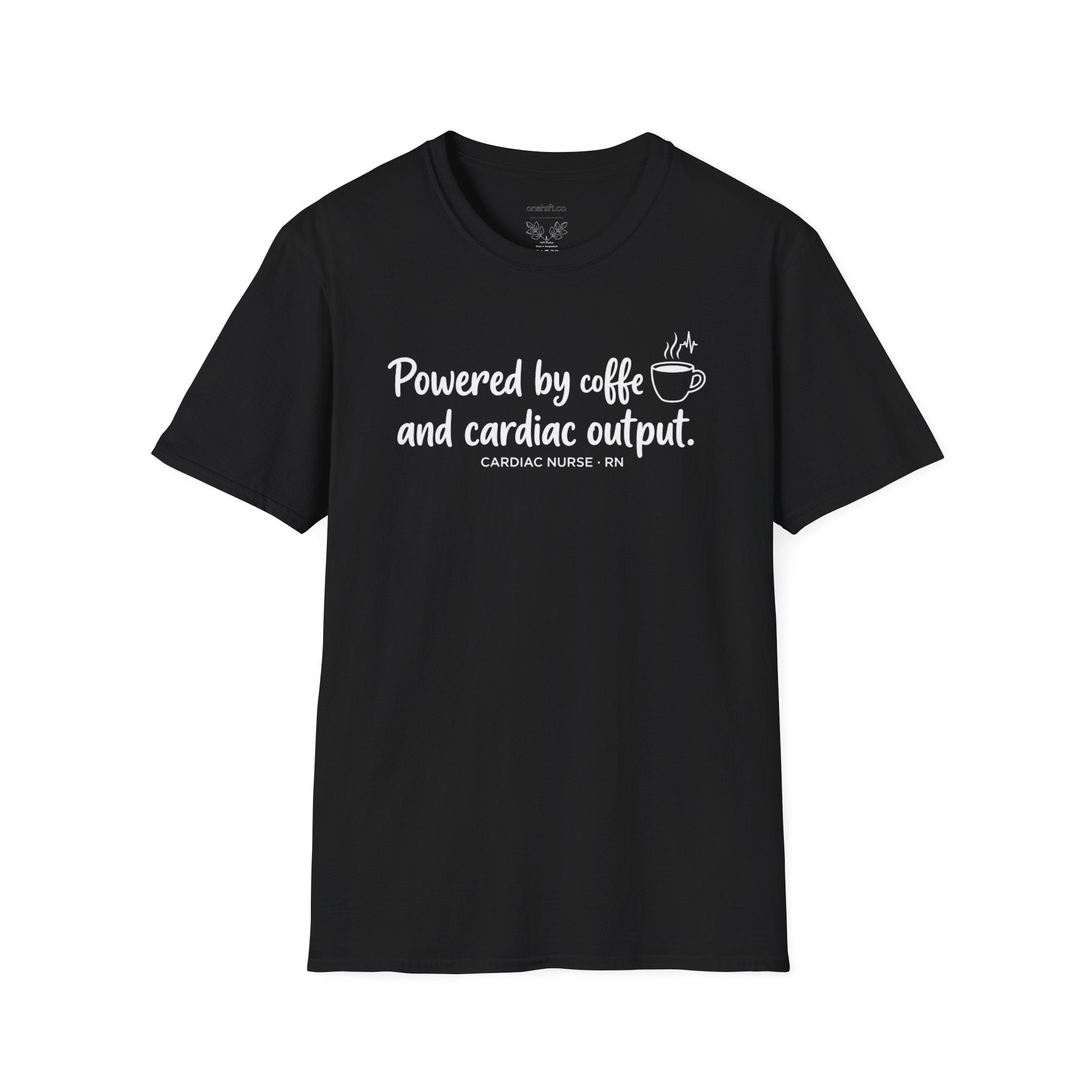 Black t-shirt with text that states powered by coffee and cardiac output cardiac nurse RN
