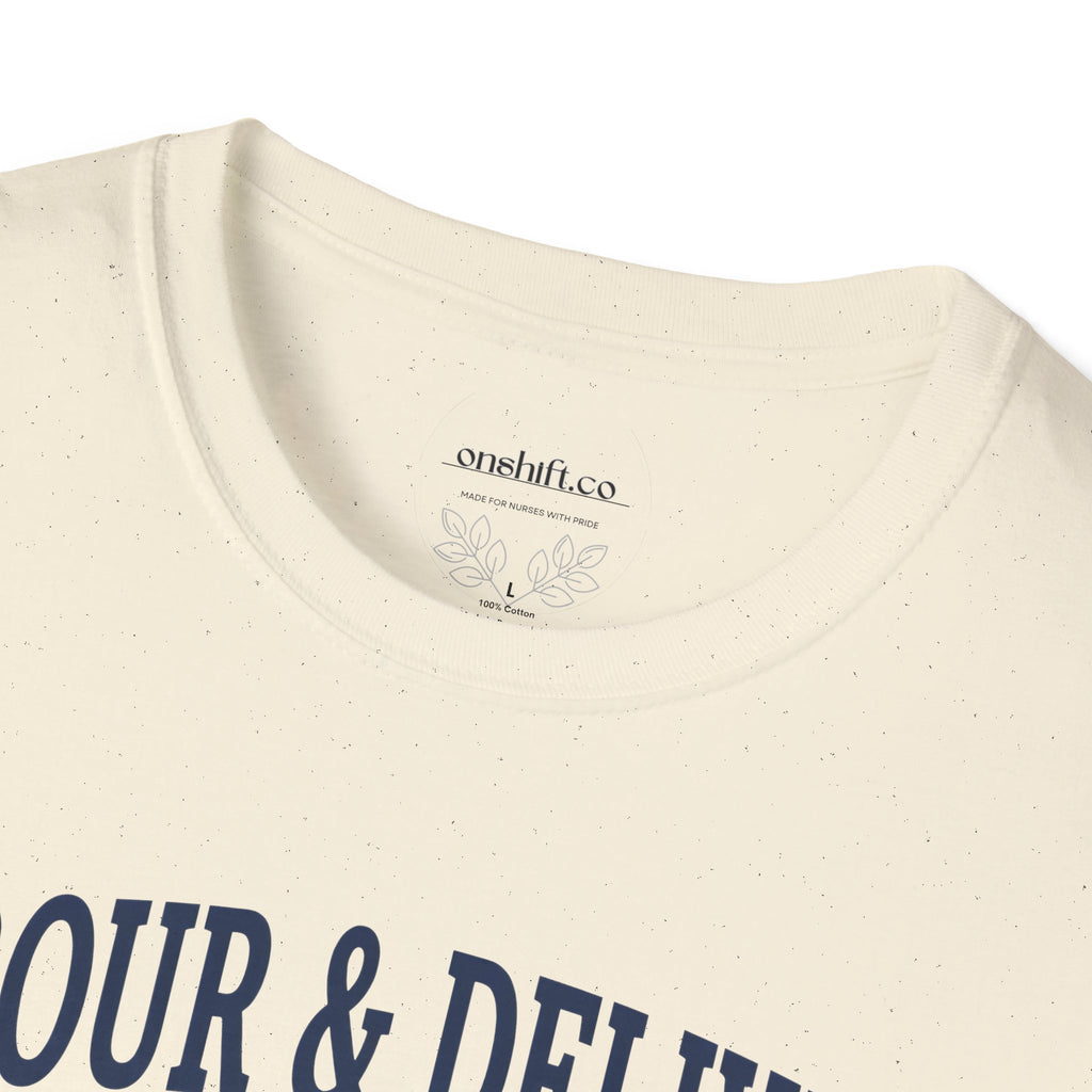 Labor and delivery nurse vintage collegiate-style t-shirt