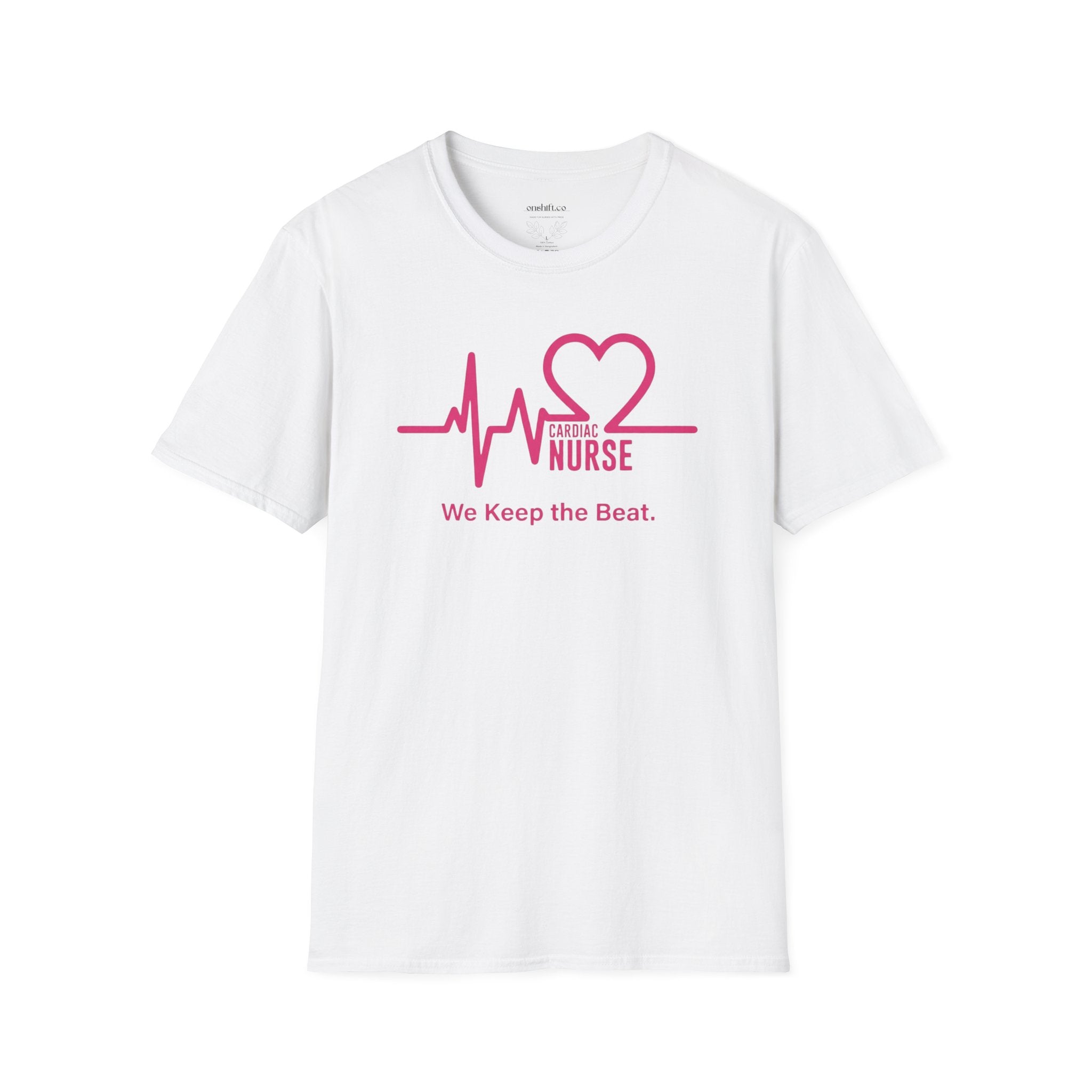 White t-shirt with pink EKG line with a heart at the end Nurse design and text on a white background